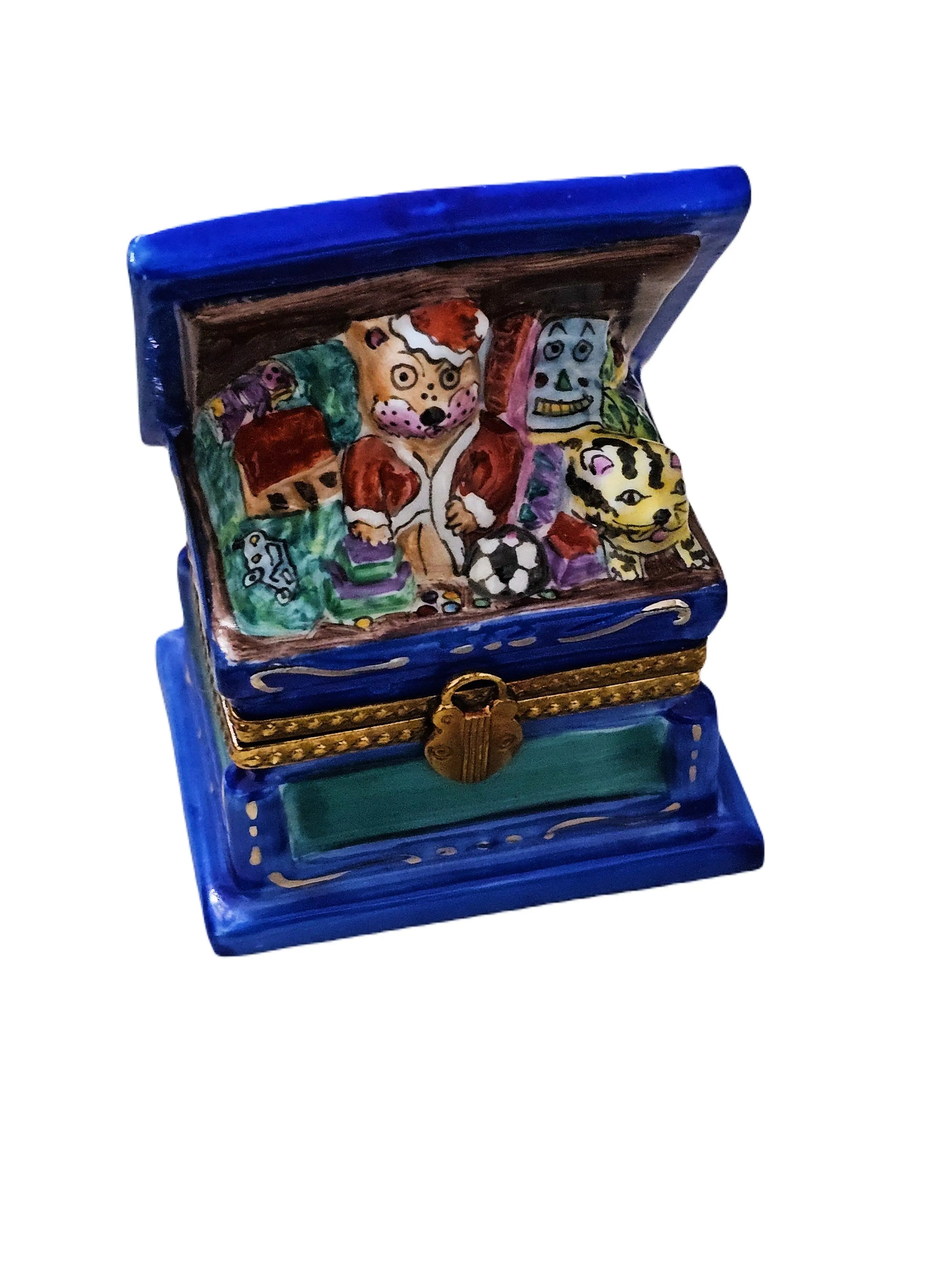 Enchanting Blue Toy Treasure Box Porcelain Limoges xmas teddy French Trinket Box