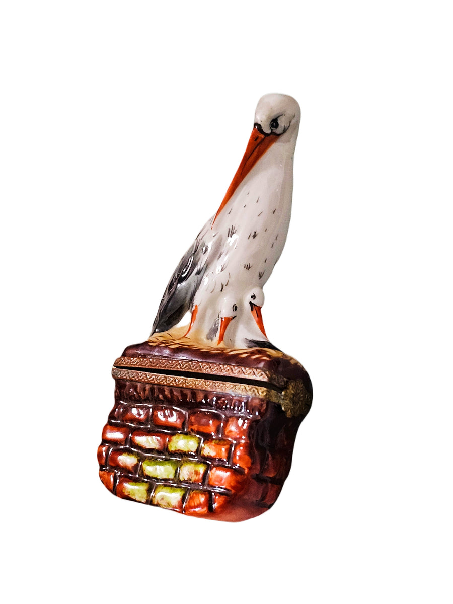 Stork Perched Wall Box Porcelain Limoges bird French Trinket Box