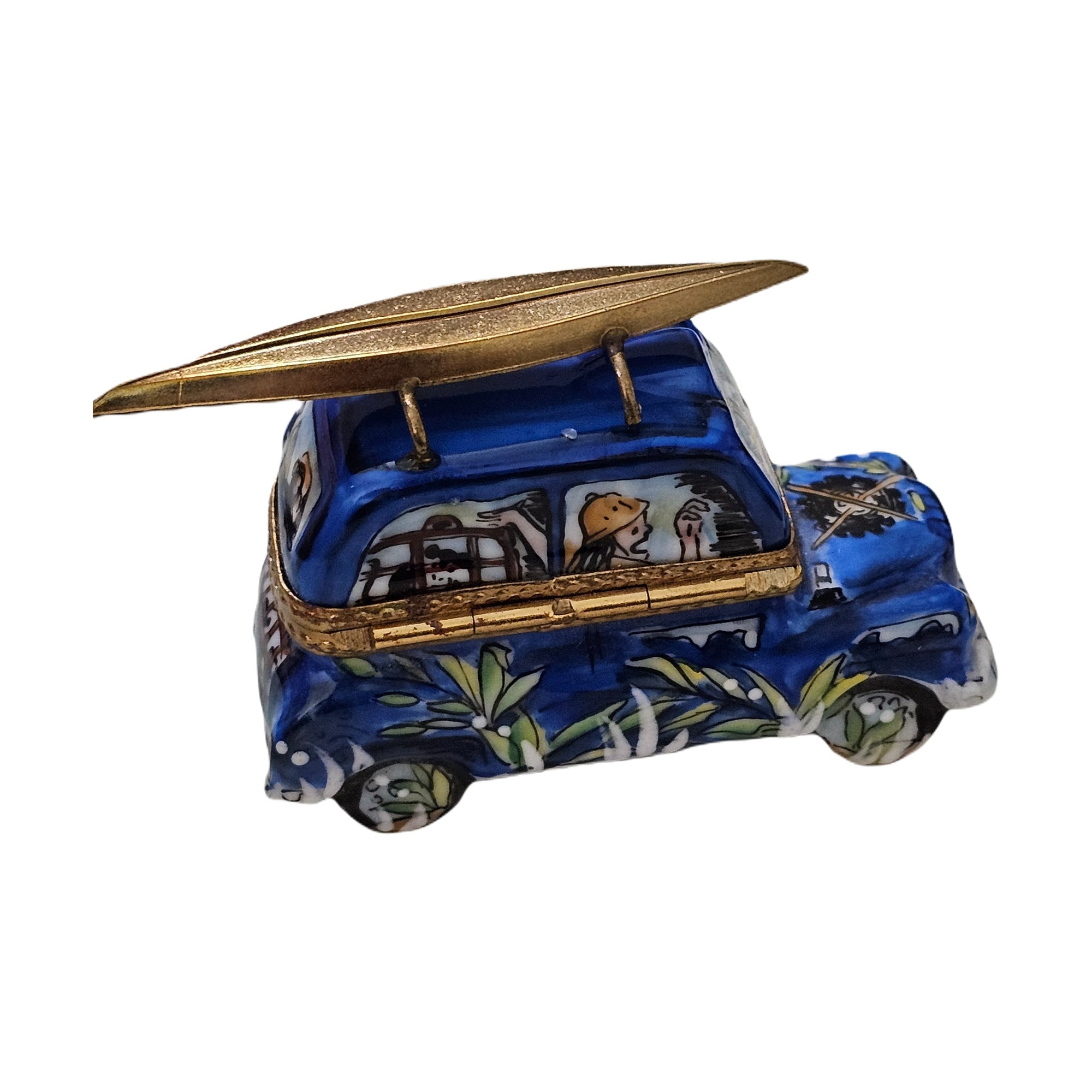 Blue Surfer Car Treasure Box Porcelain Limoges sport vehicles French Trinket Box