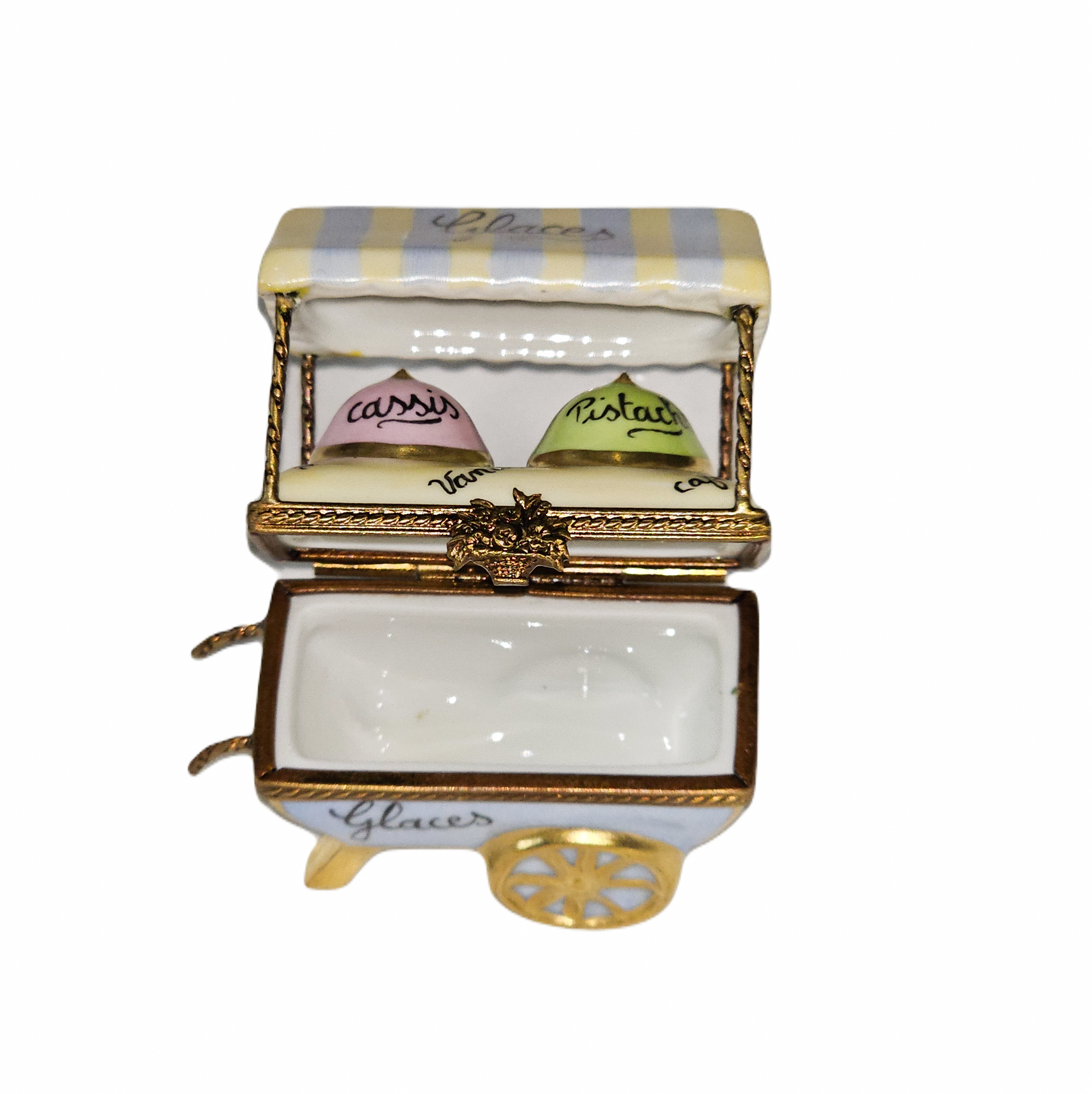 Painted details on the Whimsical Ice Cream Cart Limoges box, French art in miniature