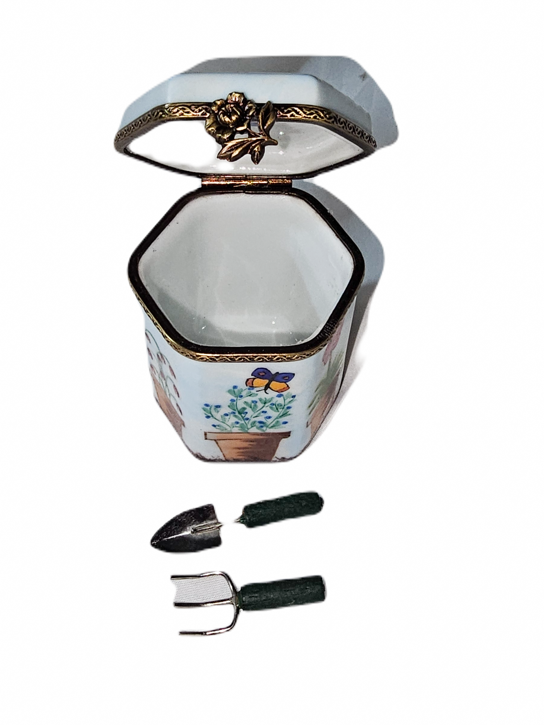 Garden Hexa Box With Tools Porcelain Limoges garden French Trinket Box