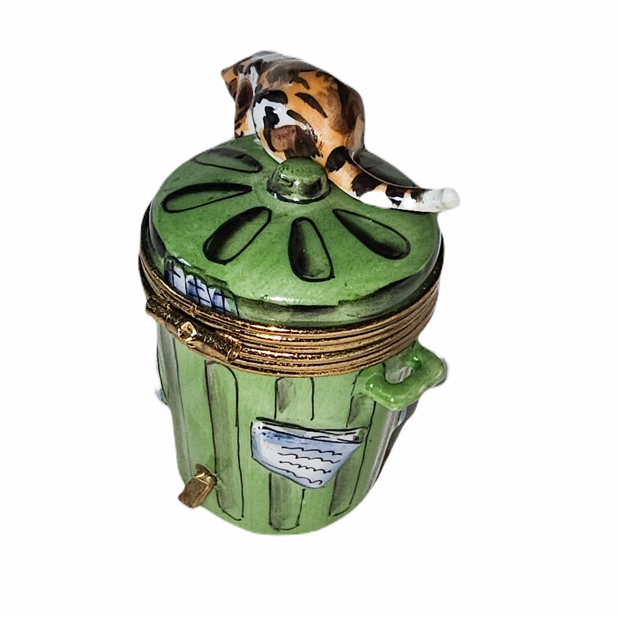 Whimsical Cat Trashcan Box Porcelain Limoges cat French Trinket Box