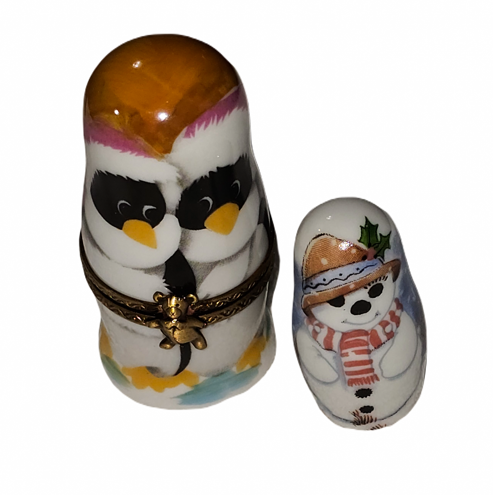 Penguin and Snowman Nesting Doll Porcelain Limoges snowman French Trinket Box