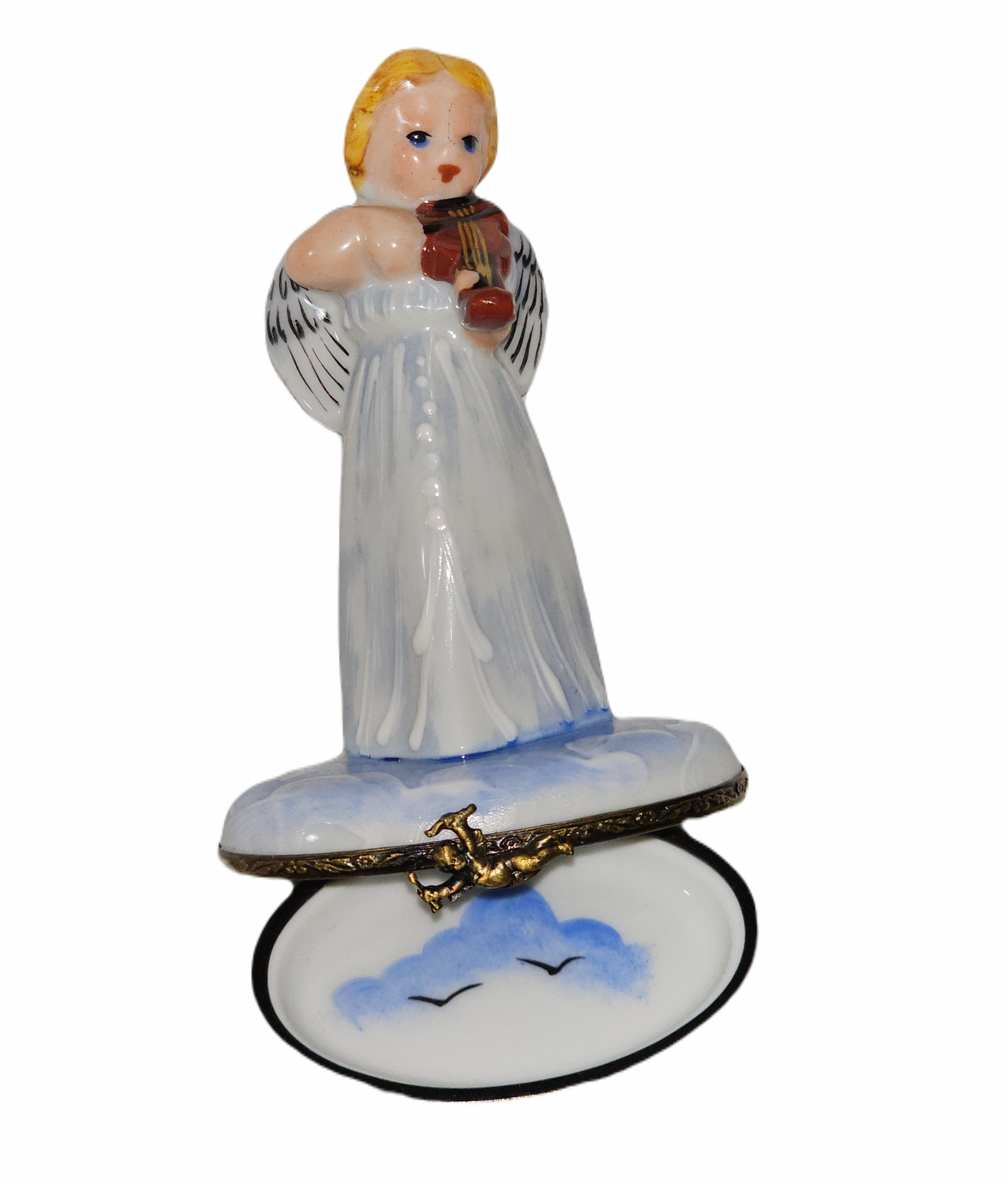 Blue Angel Playing Violin Porcelain Limoges angel French Trinket Box