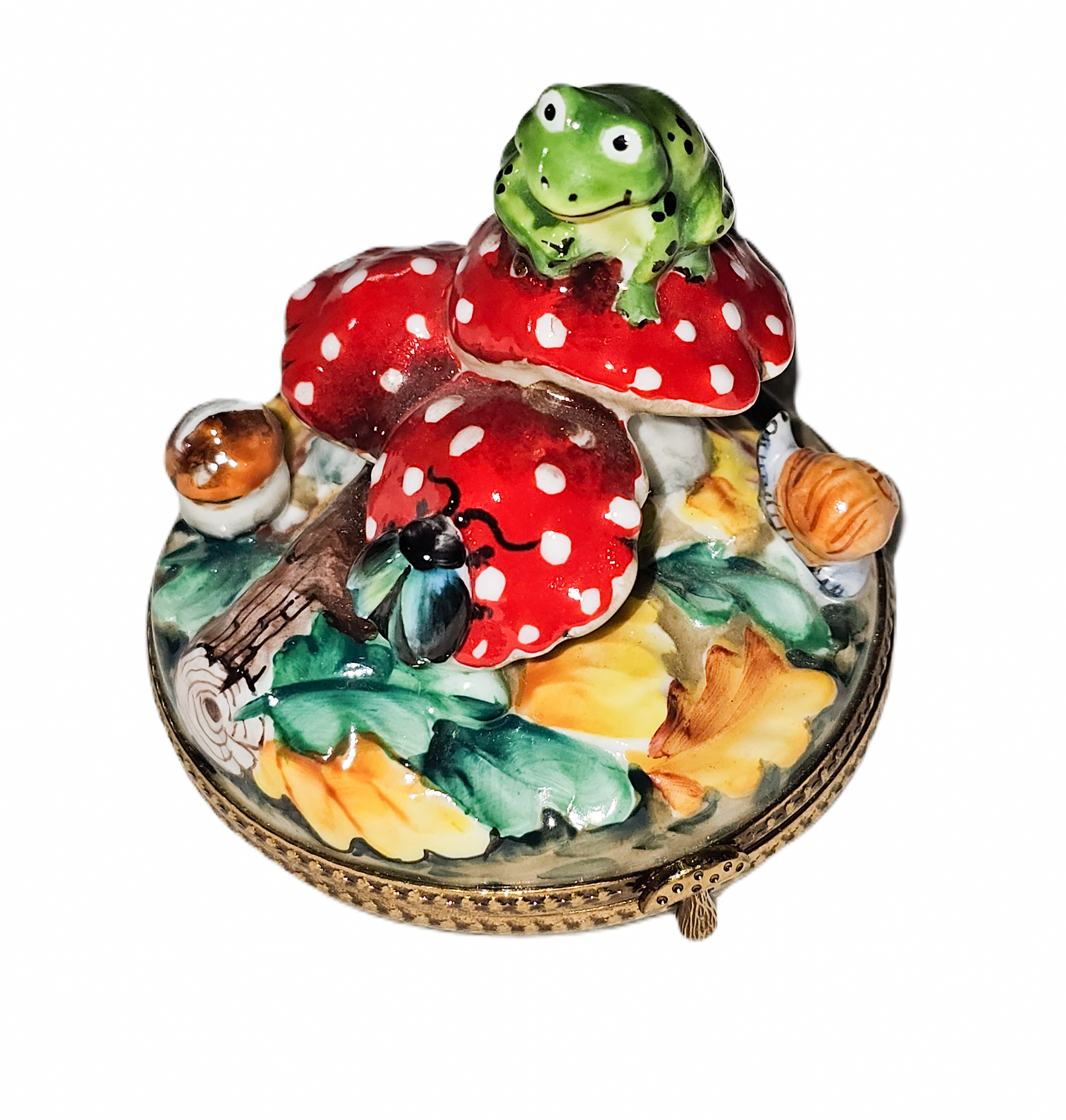Frog on Whimsical Mushrooms Box Porcelain Limoges frog French Trinket Box