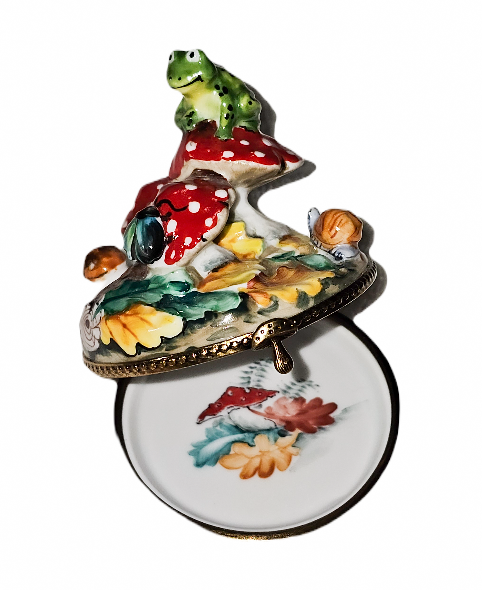 Frog on Whimsical Mushrooms Box Porcelain Limoges frog French Trinket Box