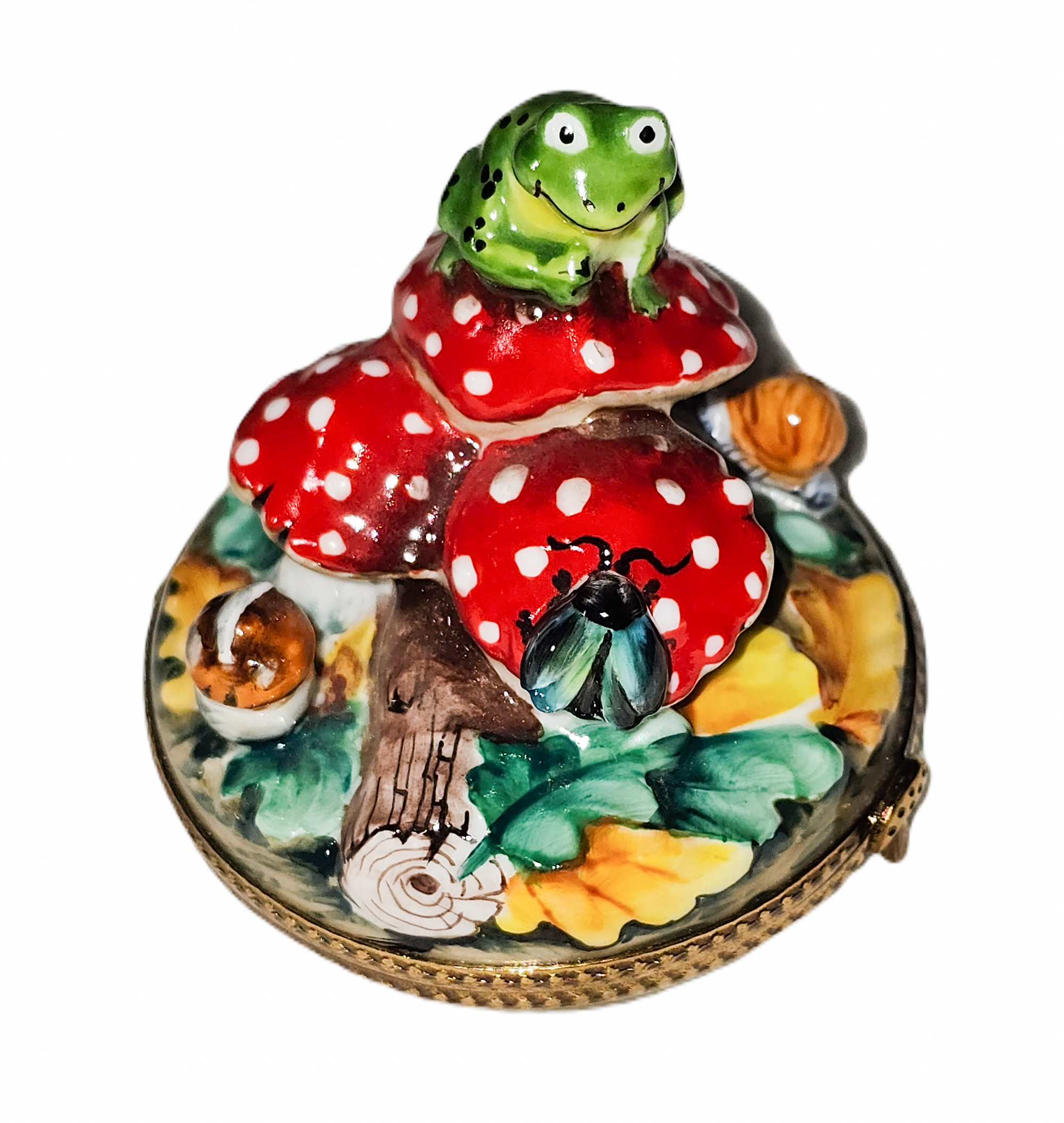 Frog on Whimsical Mushrooms Box Porcelain Limoges frog French Trinket Box