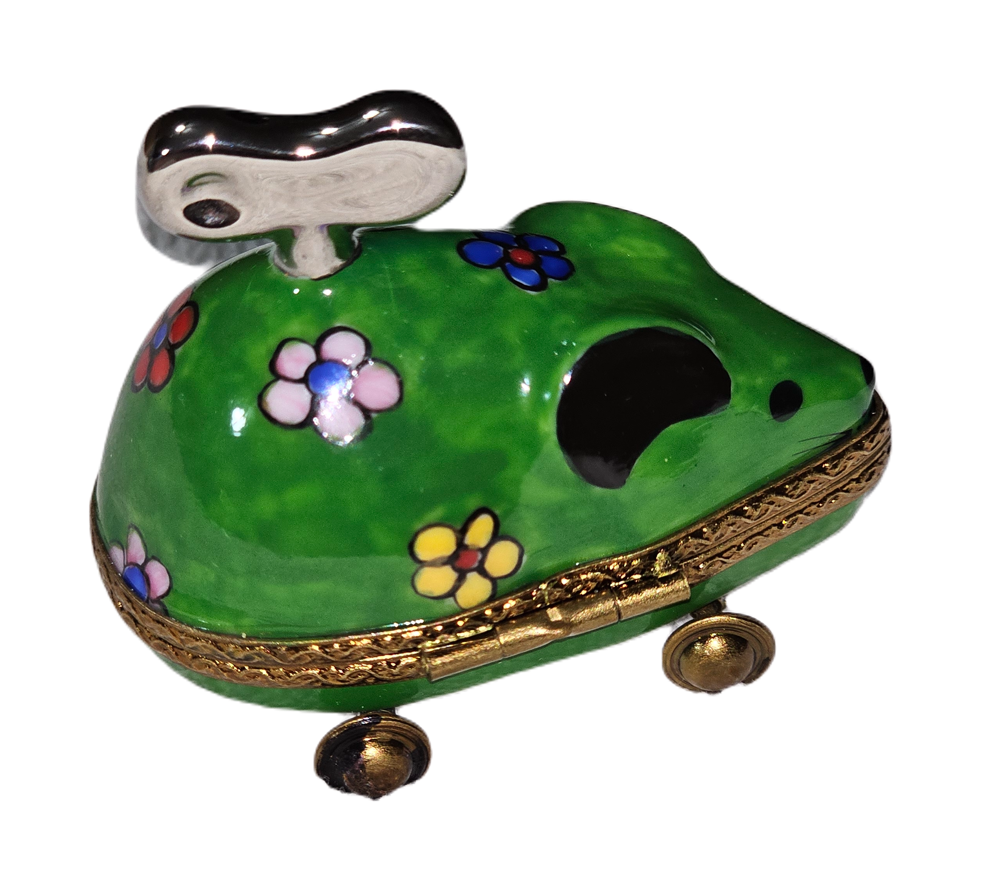 Green Whimsical Wind-Up Mouse Porcelain Limoges rabbits mice kids French Trinket Box