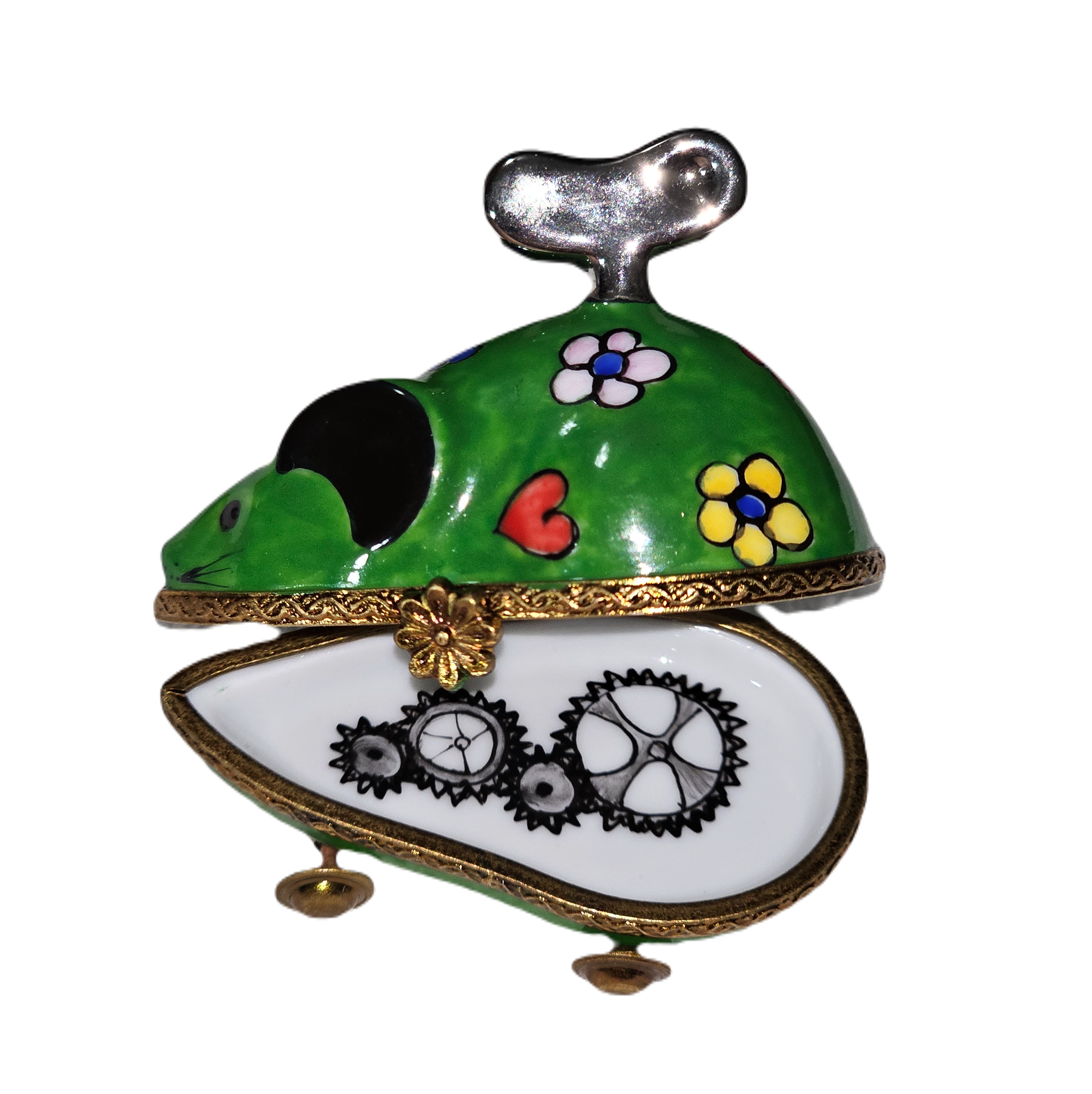 Green Whimsical Wind-Up Mouse Porcelain Limoges rabbits mice kids French Trinket Box