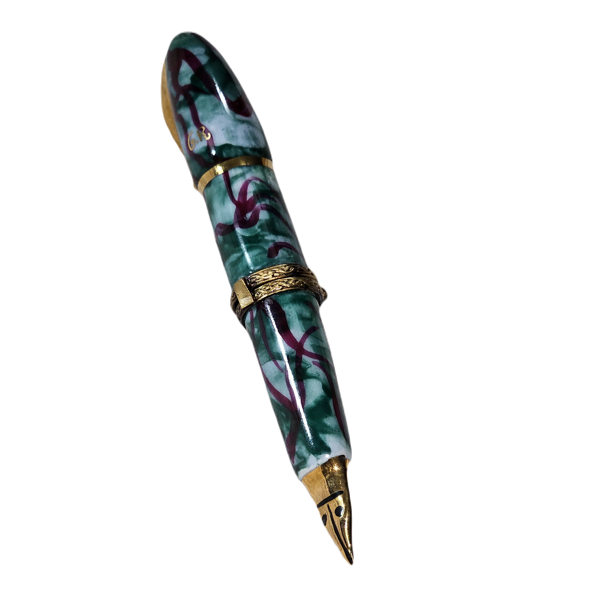Elegant Green Fountain Pen Porcelain Limoges Professional art French Trinket Box