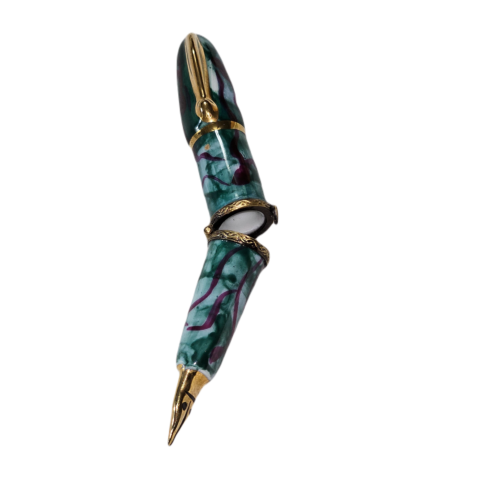 Elegant Green Fountain Pen Porcelain Limoges Professional art French Trinket Box