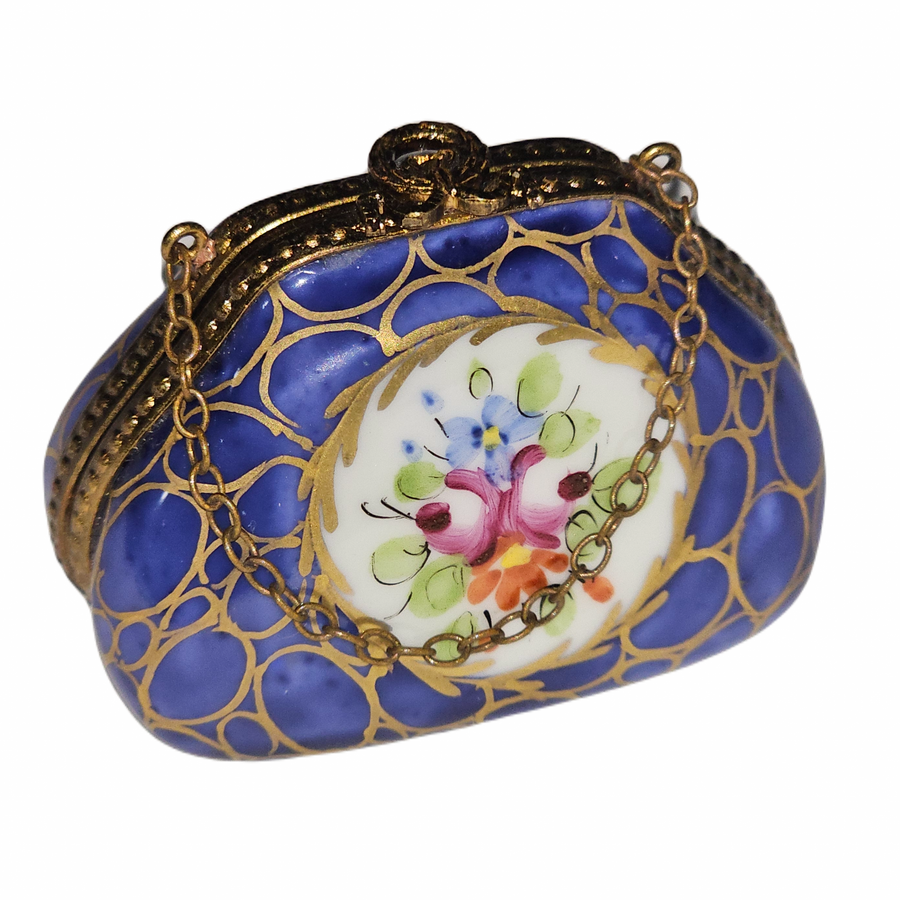 Dark Blue Purse with Gold Accents Porcelain Limoges purse French Trinket Box