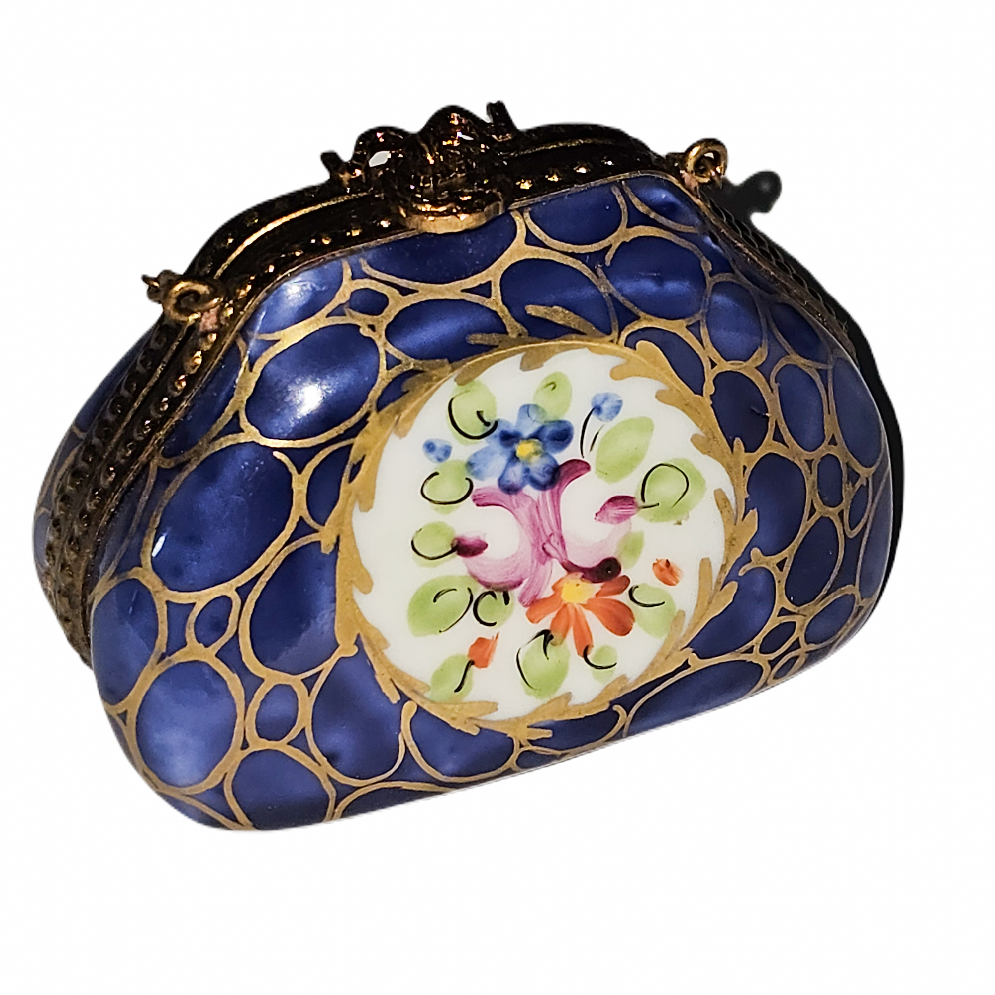 Dark Blue Purse with Gold Accents Porcelain Limoges purse French Trinket Box
