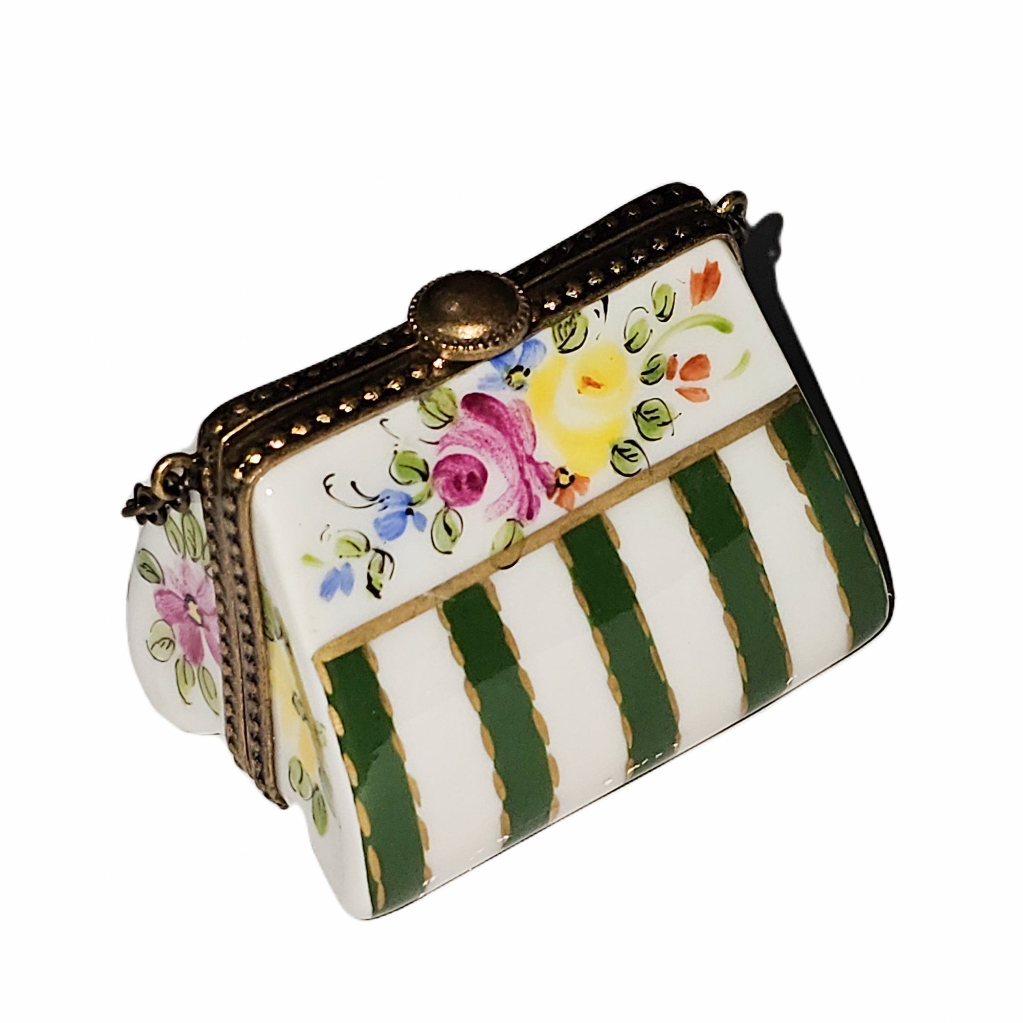 Floral Green Striped Purse Porcelain Limoges purse French Trinket Box