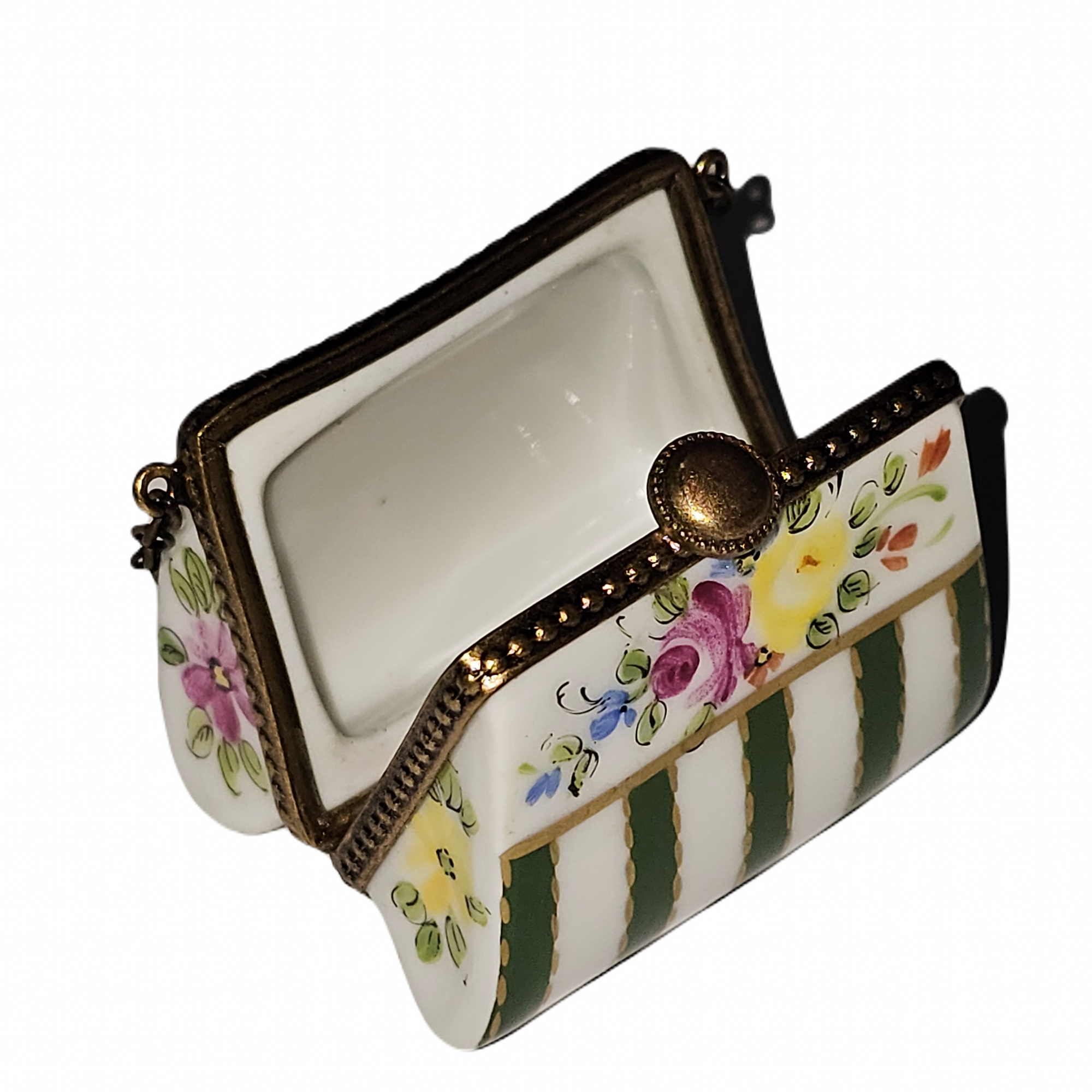 Floral Green Striped Purse Porcelain Limoges purse French Trinket Box