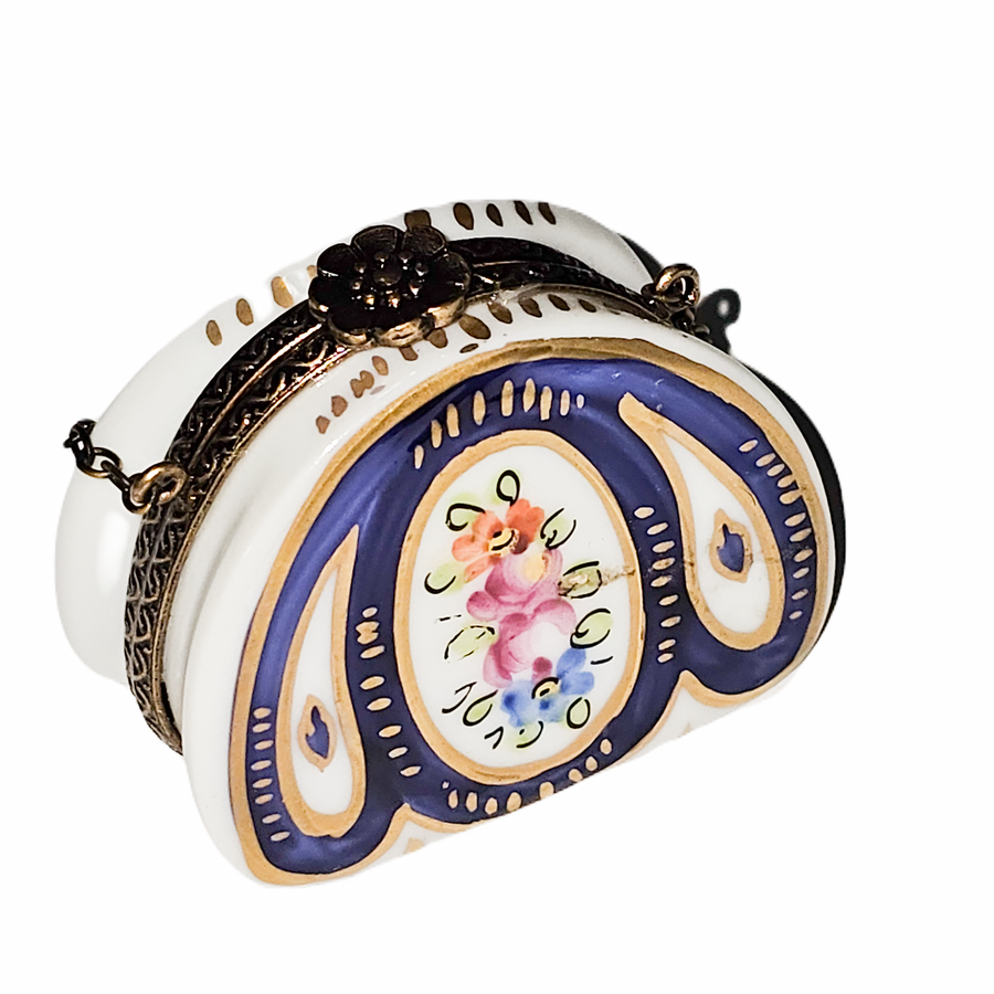Round Blue Floral Purse Box Porcelain Limoges purse French Trinket Box