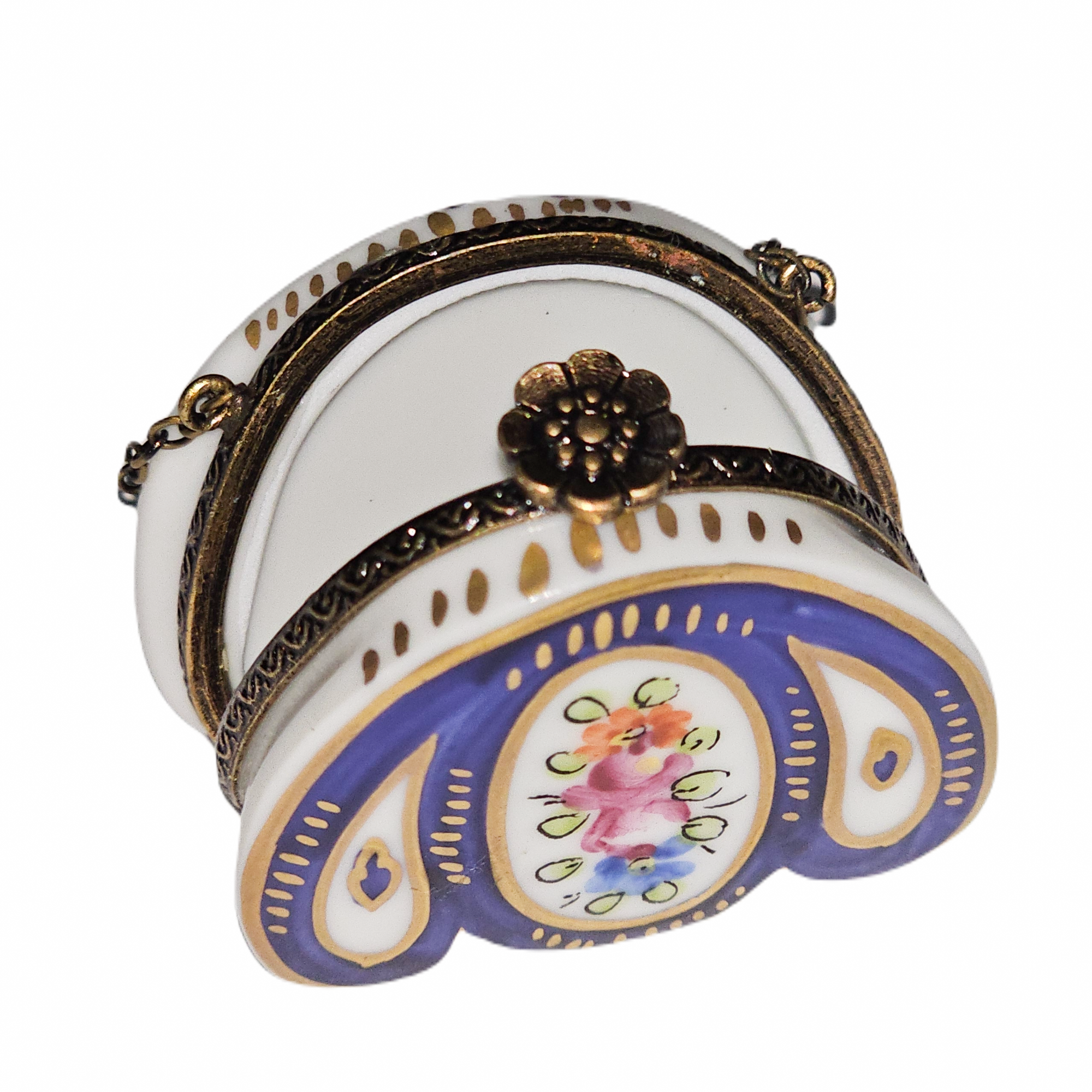 Round Blue Floral Purse Box Porcelain Limoges purse French Trinket Box