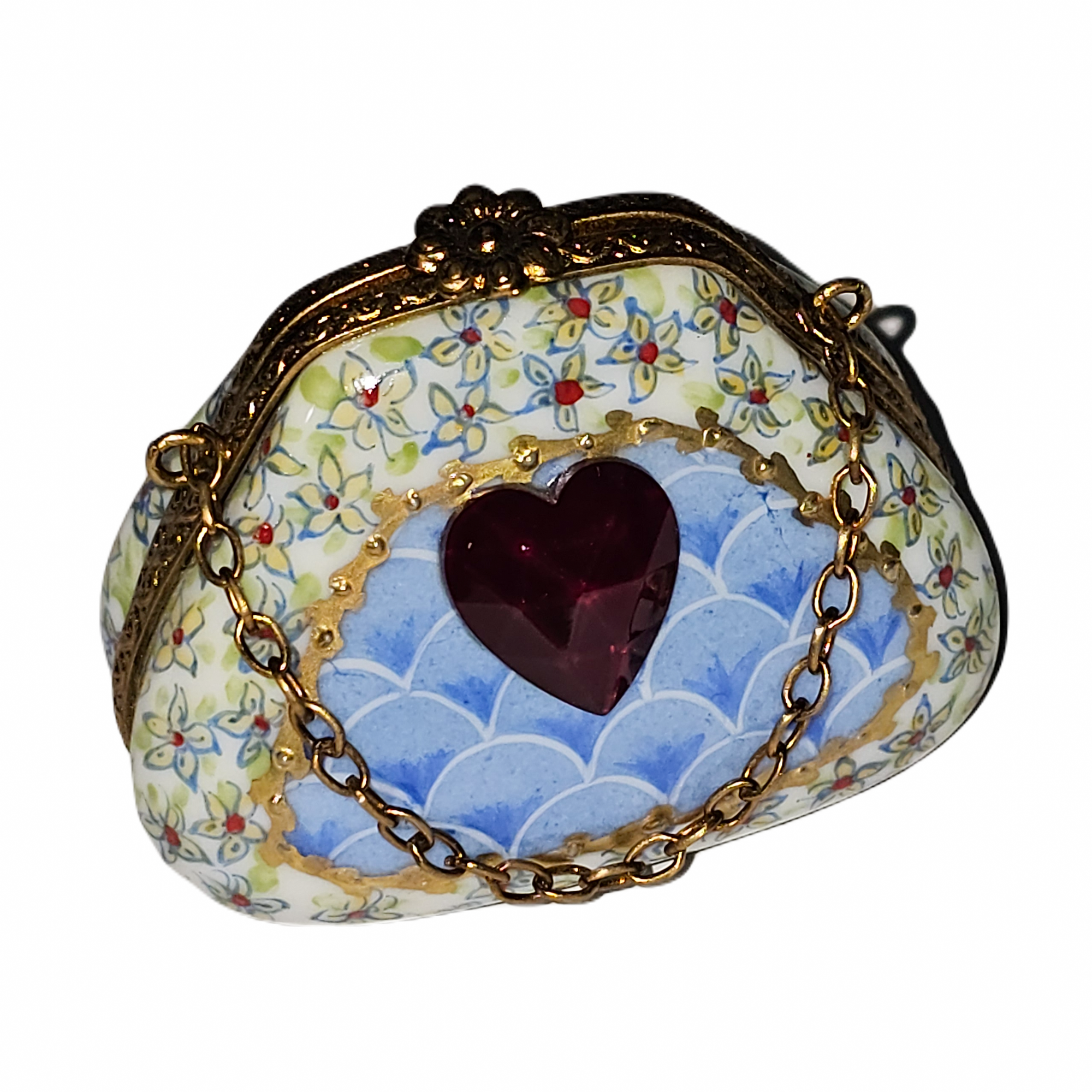 Charming Blue Heart Purse Box Porcelain Limoges purse French Trinket Box