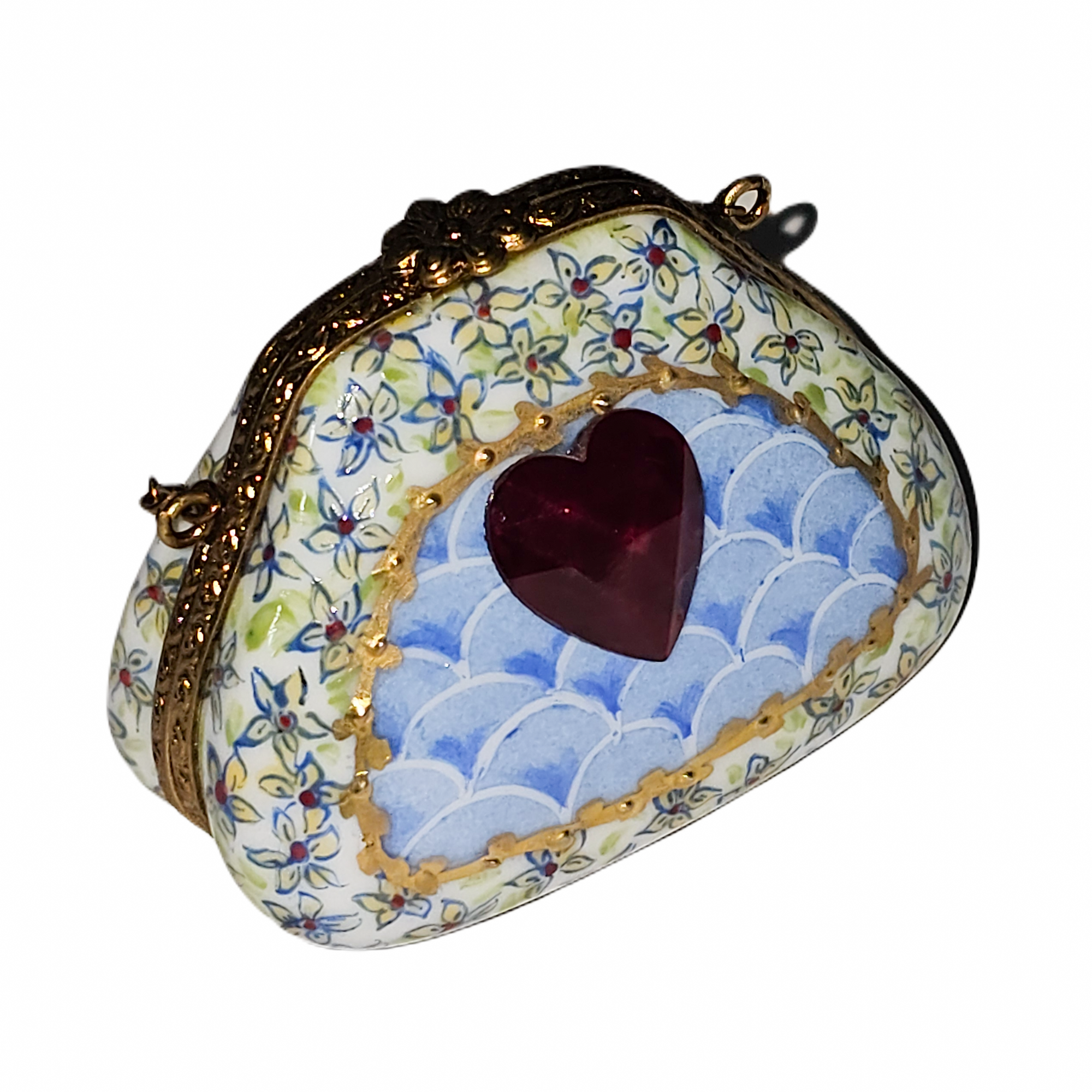 Charming Blue Heart Purse Box Porcelain Limoges purse French Trinket Box