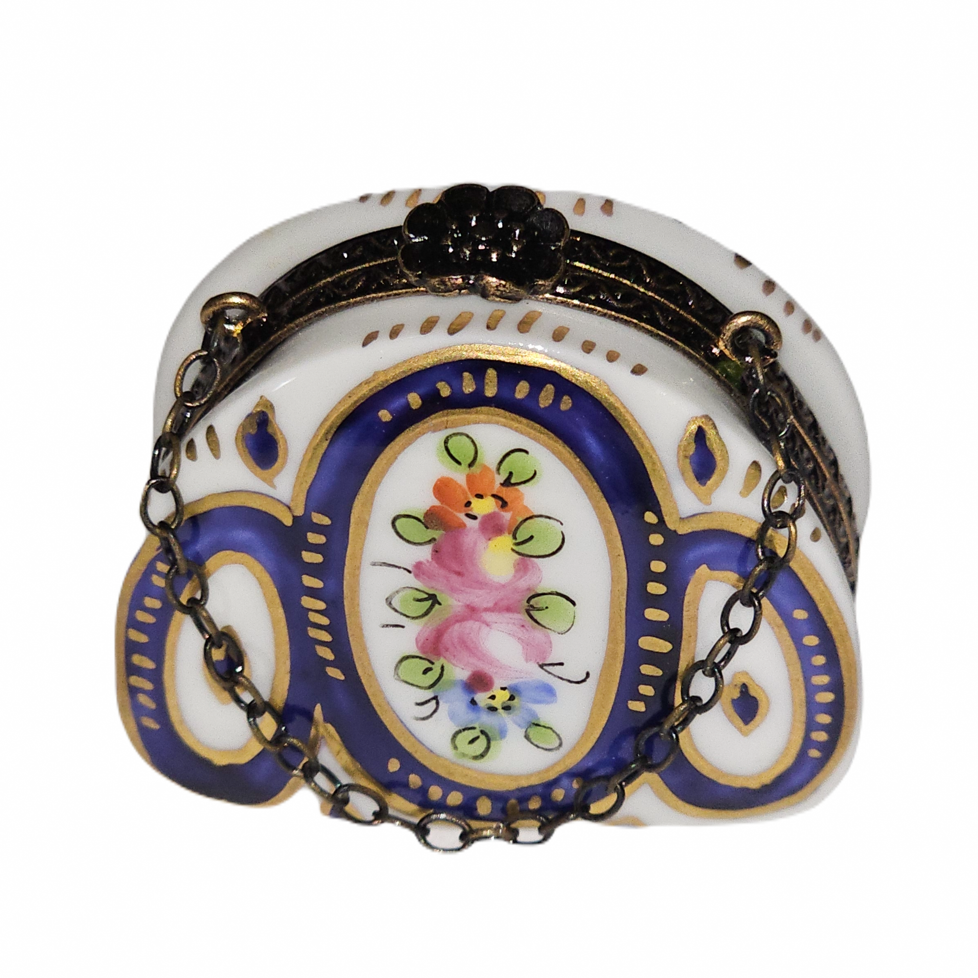 Round Blue Floral Purse Box Porcelain Limoges purse French Trinket Box