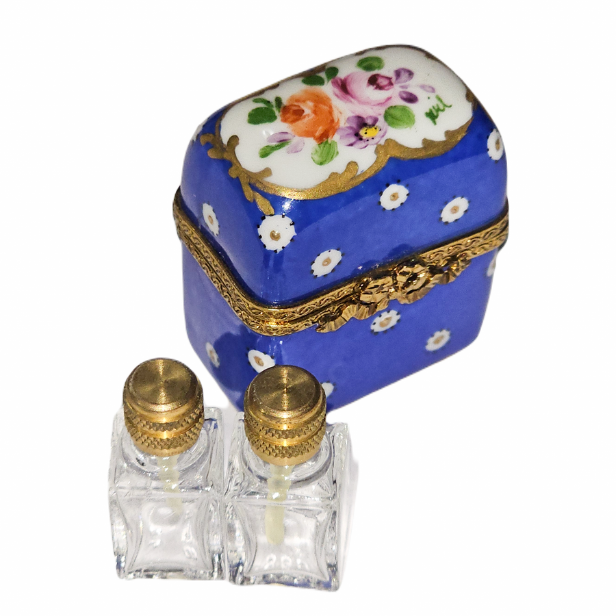 Dark Blue Floral Perfume Box Porcelain Limoges Perfume French Trinket Box