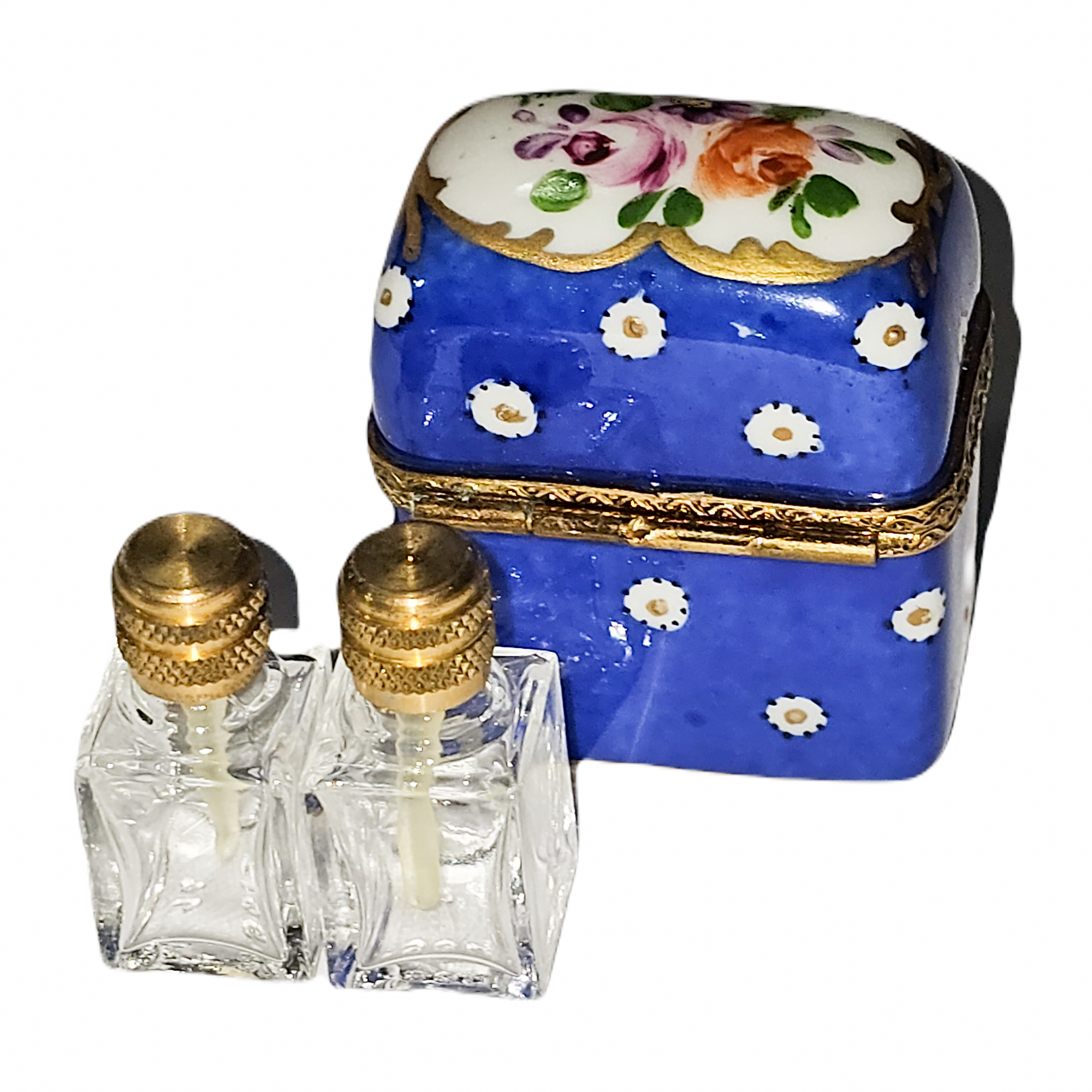 Dark Blue Floral Perfume Box Porcelain Limoges Perfume French Trinket Box