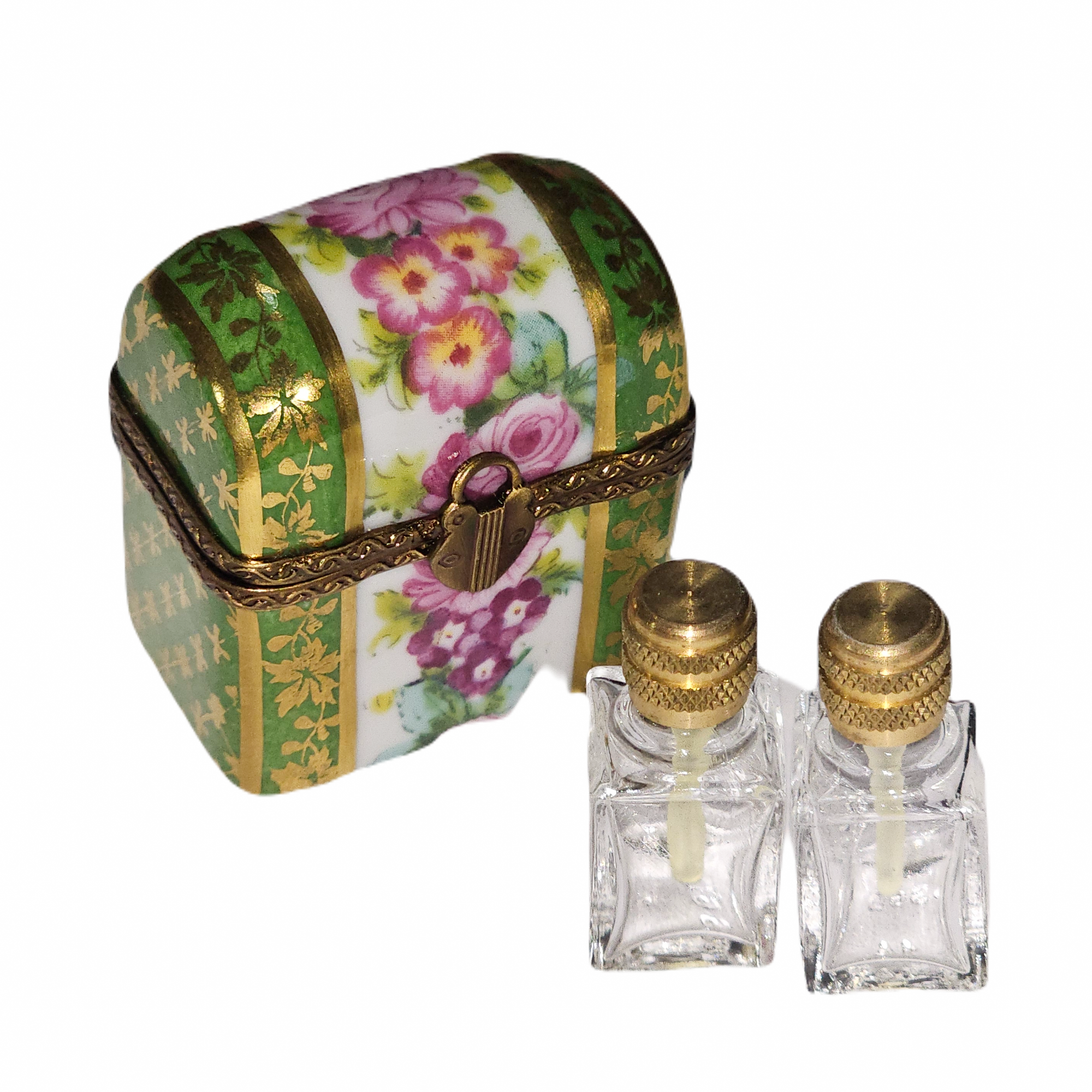 Green Floral Perfume Box Porcelain Limoges perfume French Trinket Box