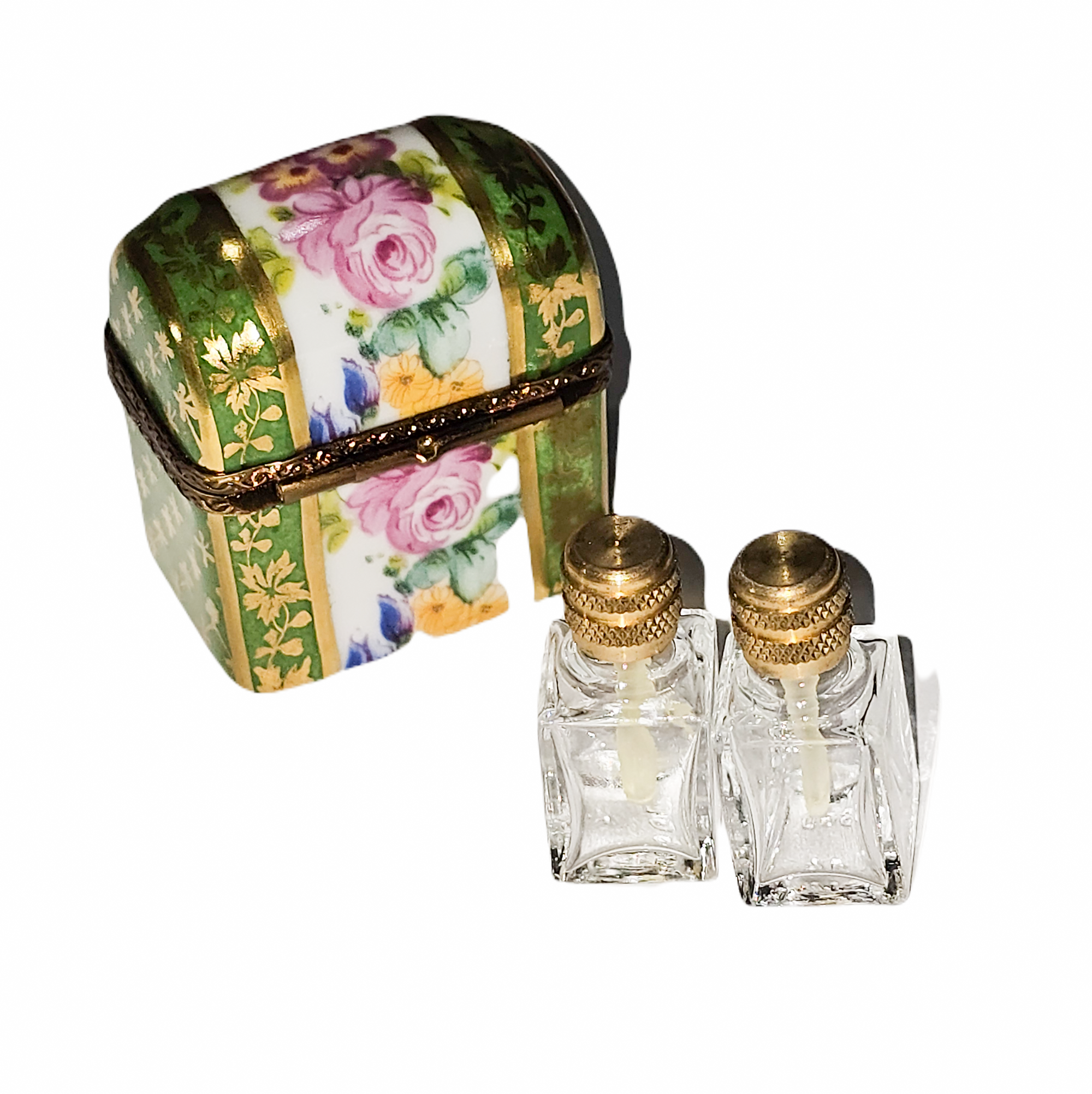 Green Floral Perfume Box Porcelain Limoges perfume French Trinket Box