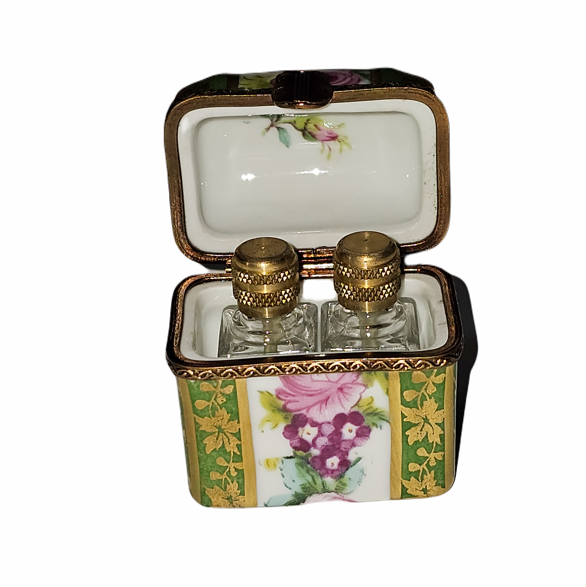 Green Floral Perfume Box Porcelain Limoges perfume French Trinket Box