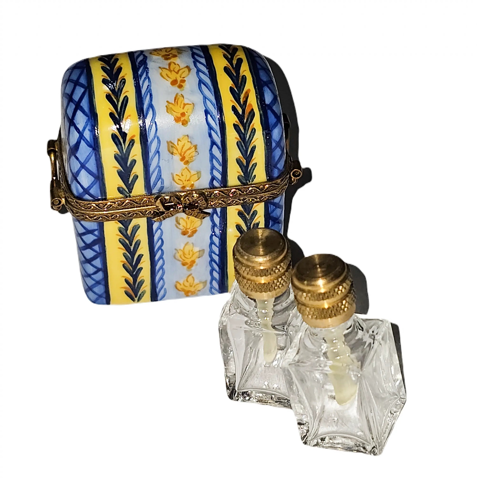 Blue Yellow Striped Elegance Box Porcelain Limoges perfume French Trinket Box