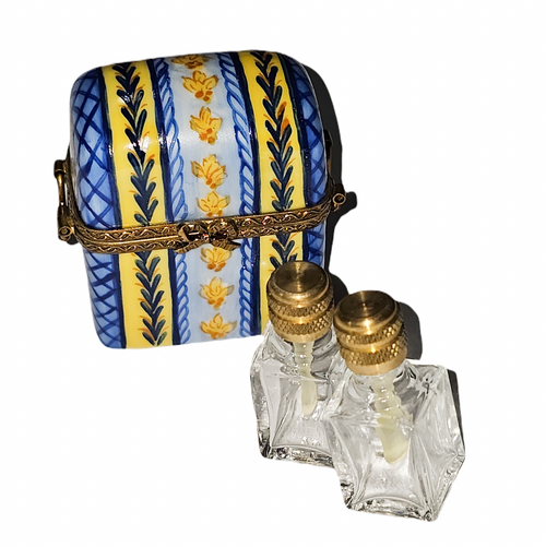 Blue Yellow Striped Elegance Box Porcelain Limoges perfume French Trinket Box
