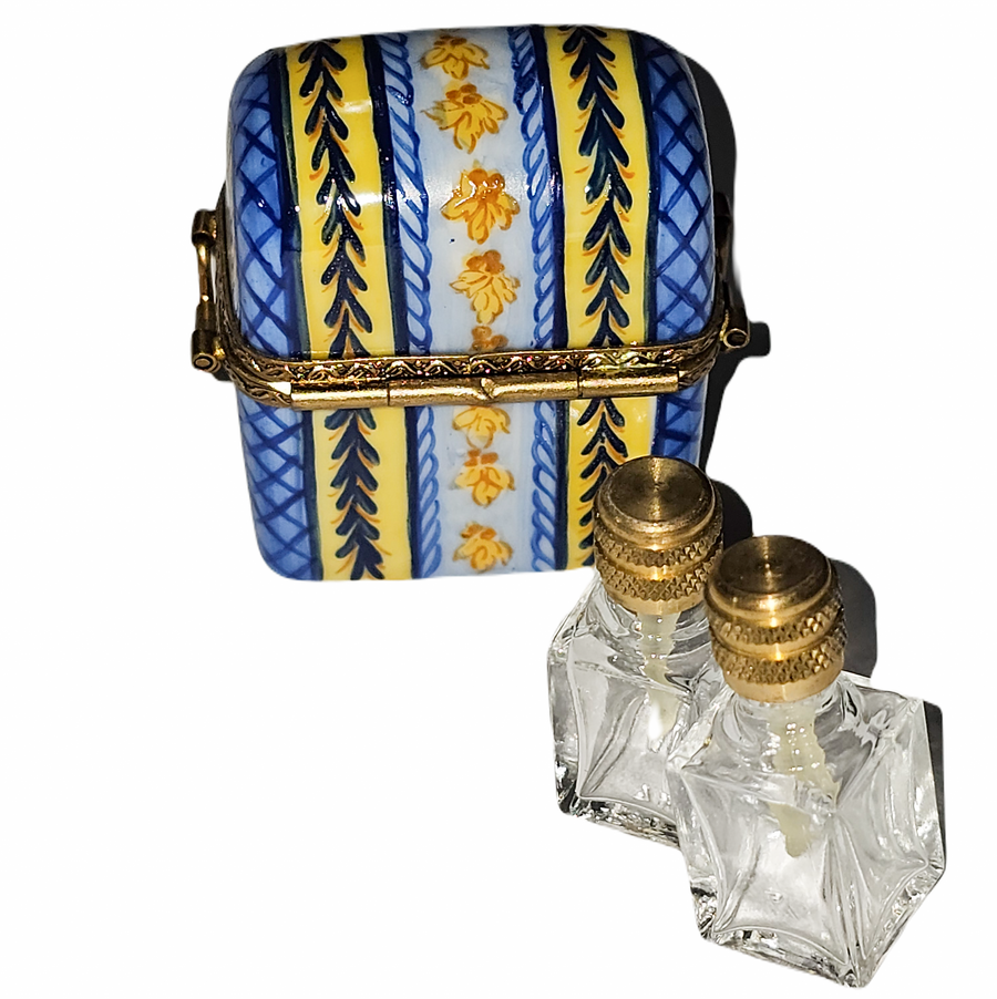 Blue Yellow Striped Elegance Box Porcelain Limoges perfume French Trinket Box