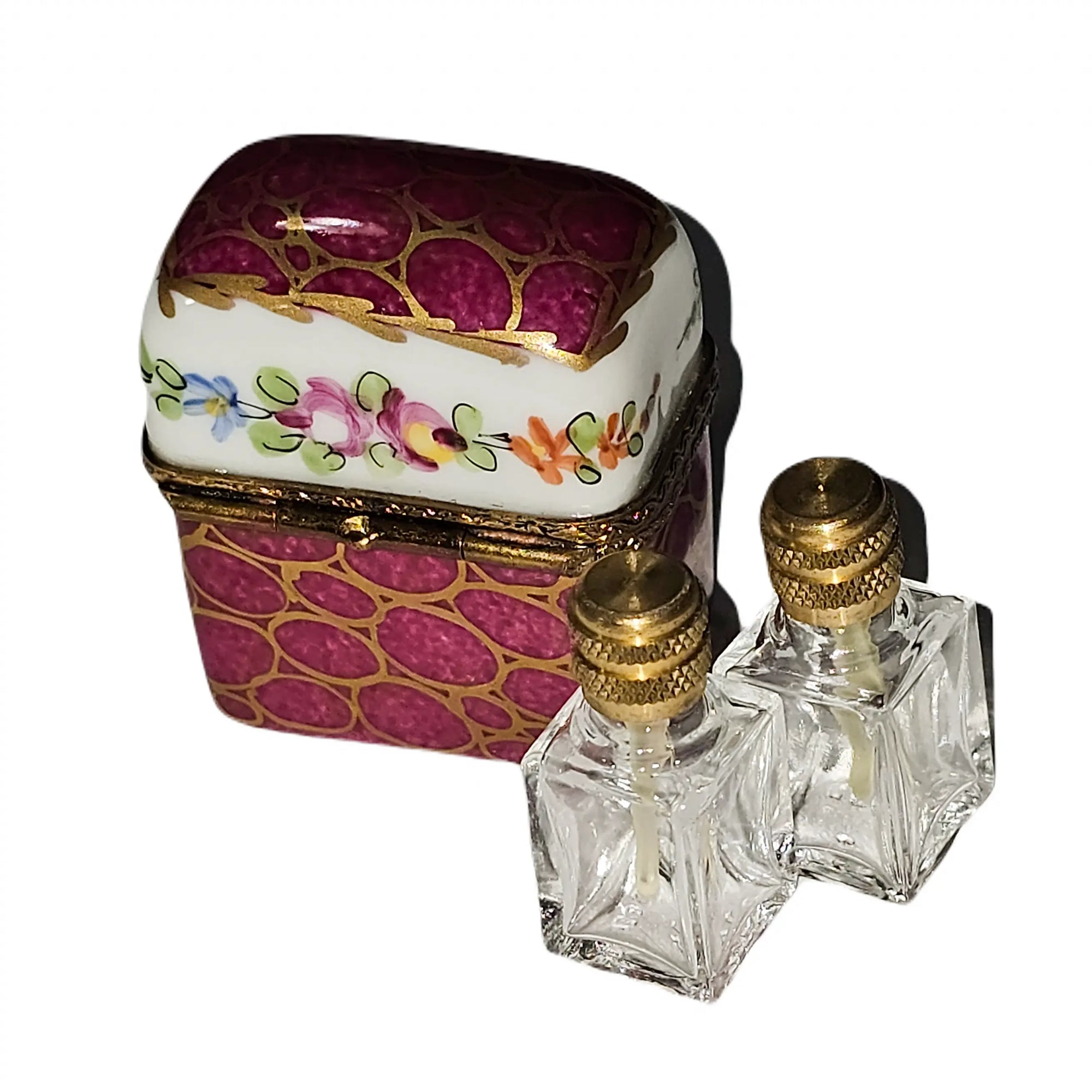 Maroon Floral Perfume Treasure Porcelain Limoges perfume French Trinket Box