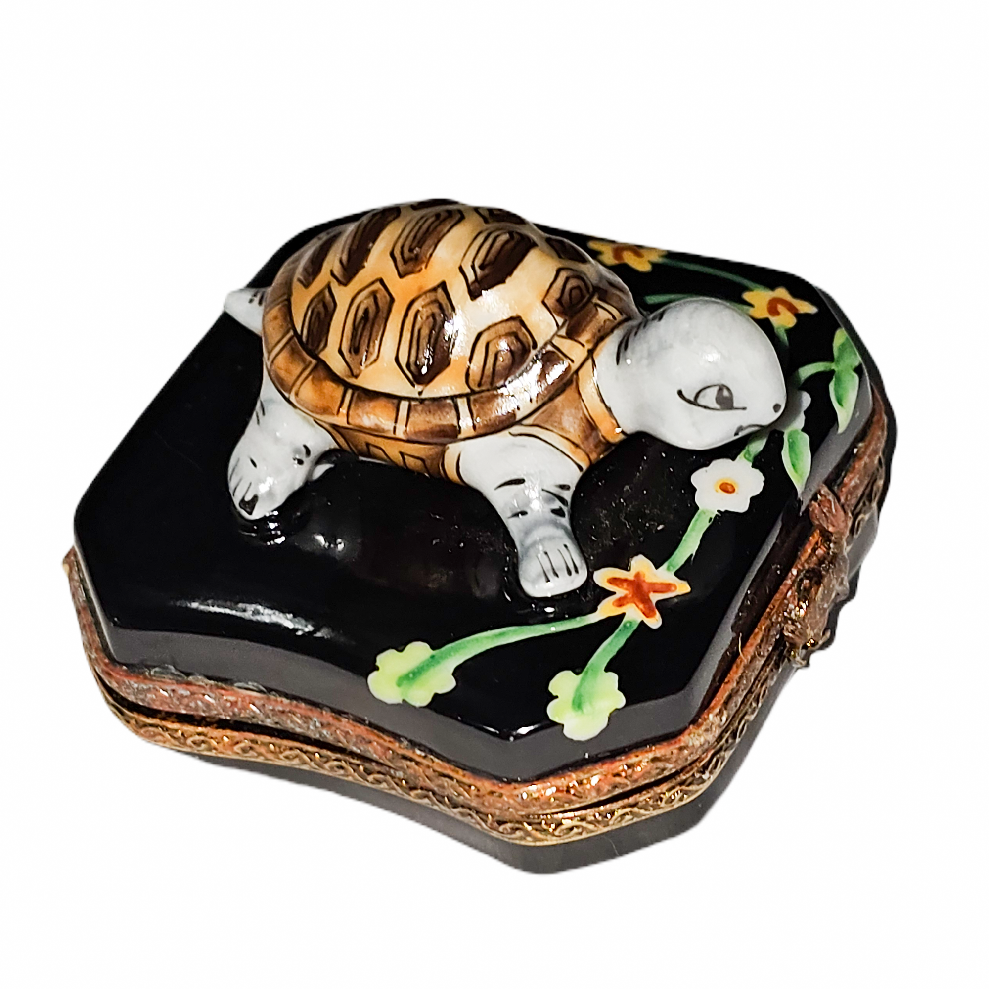 Turtle Delight with Floral Charm Porcelain Limoges turtle French Trinket Box
