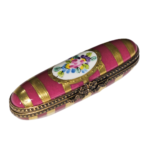 Red Gold Striped Elegant Needle Box Porcelain Limoges Traditional Home French Trinket Box