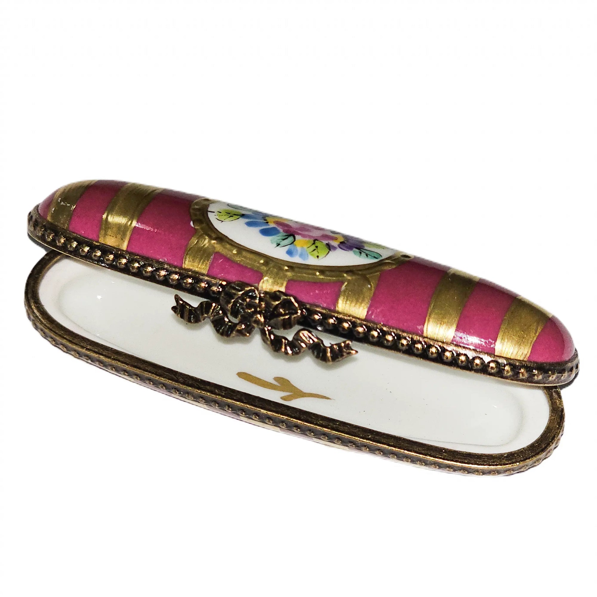 Red Gold Striped Elegant Needle Box Porcelain Limoges Traditional Home French Trinket Box
