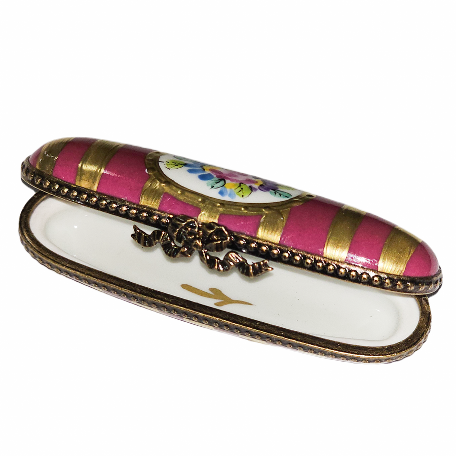 Red Gold Striped Elegant Needle Box Porcelain Limoges Traditional Home French Trinket Box
