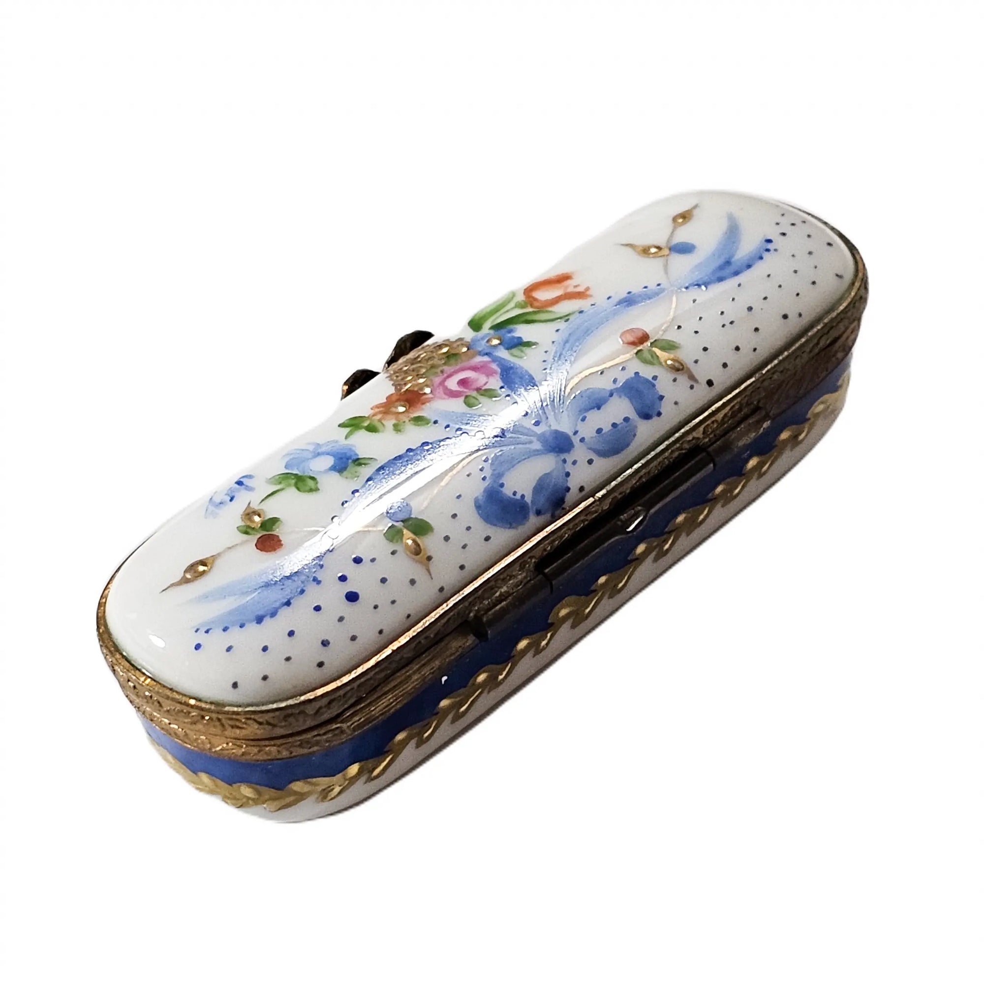 White Blue Floral Needle Box Porcelain Limoges Traditional Home French Trinket Box