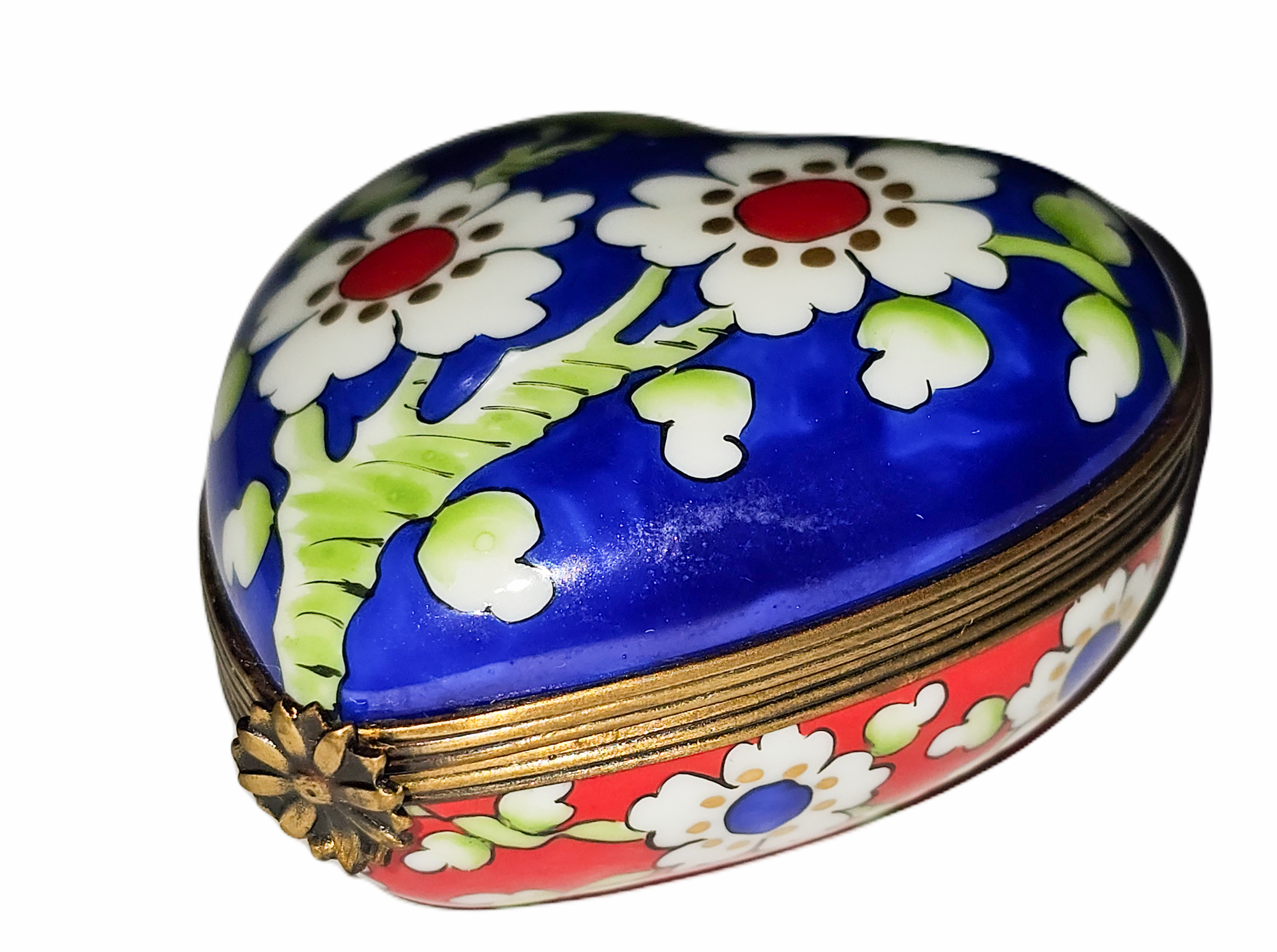 Blue Red Floral Heart Box Porcelain Limoges heart French Trinket Box