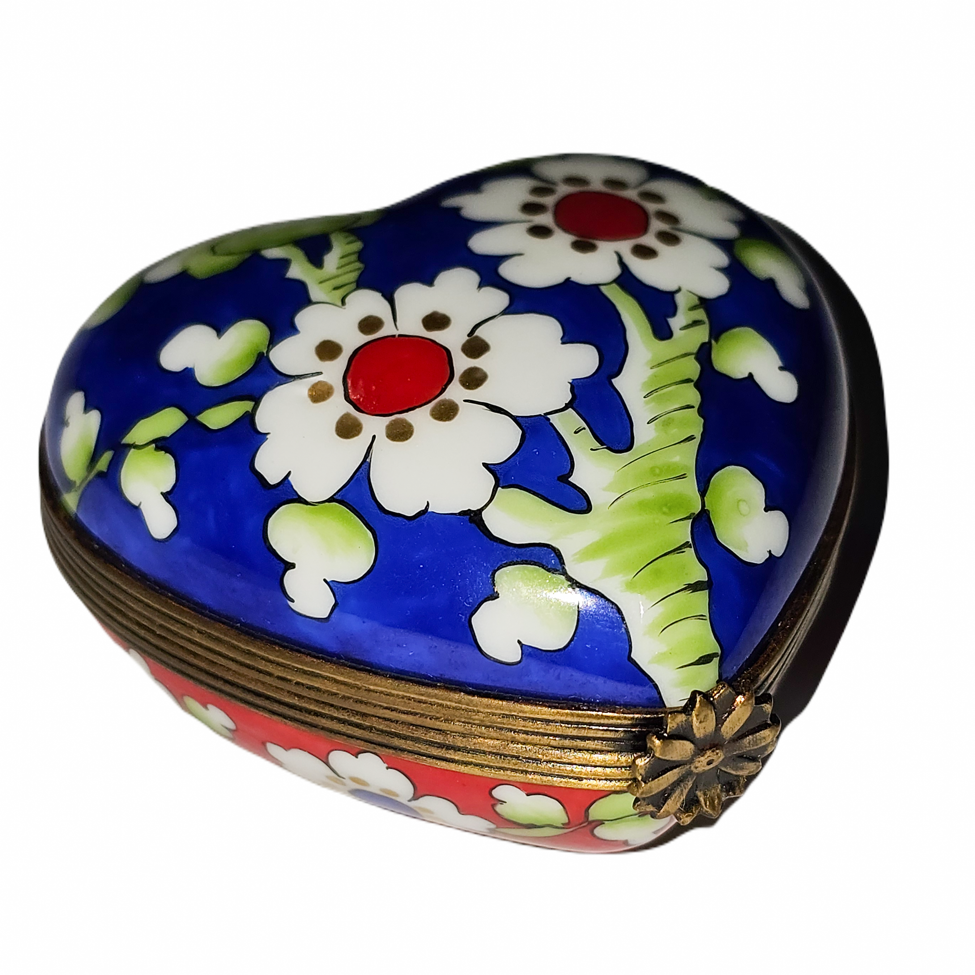 Blue Red Floral Heart Box Porcelain Limoges heart French Trinket Box