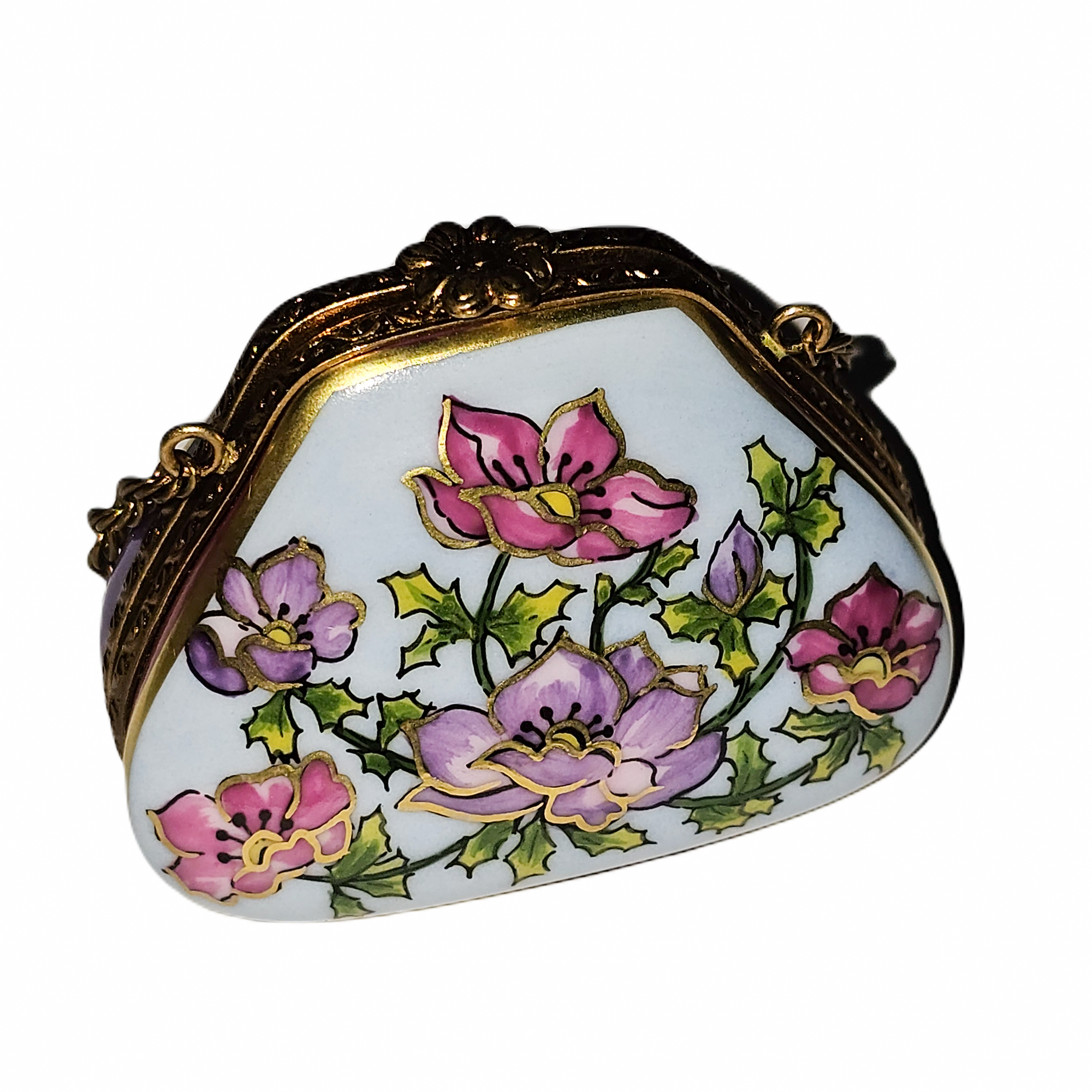 Pink Floral Purse Box Porcelain Limoges purse French Trinket Box