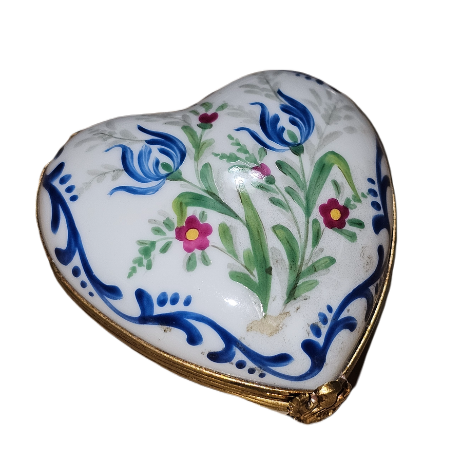 Blue Floral Heart Treasure Porcelain Limoges heart French Trinket Box