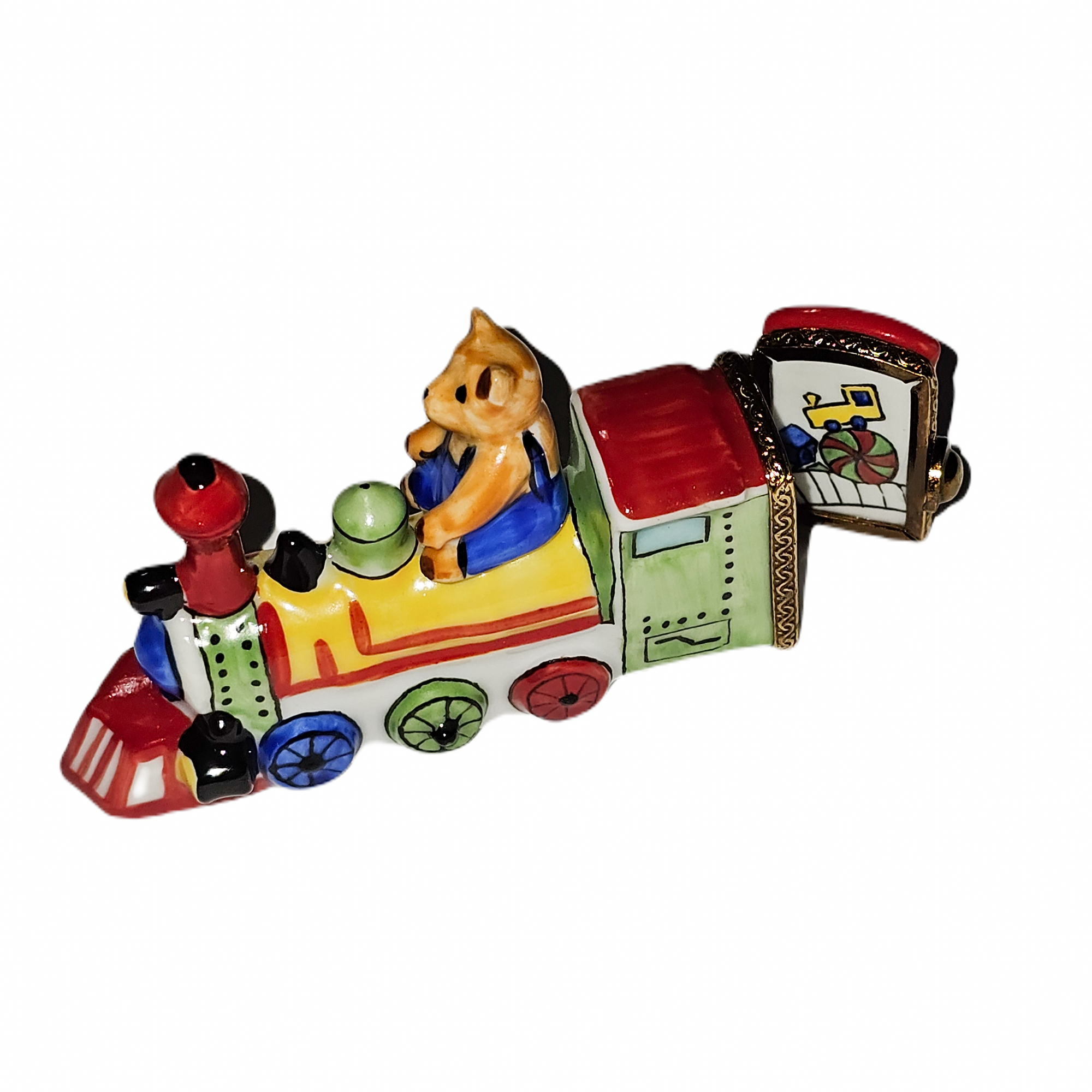 Teddy Bear Train Adventure Box Porcelain Limoges vehicle teddy French Trinket Box