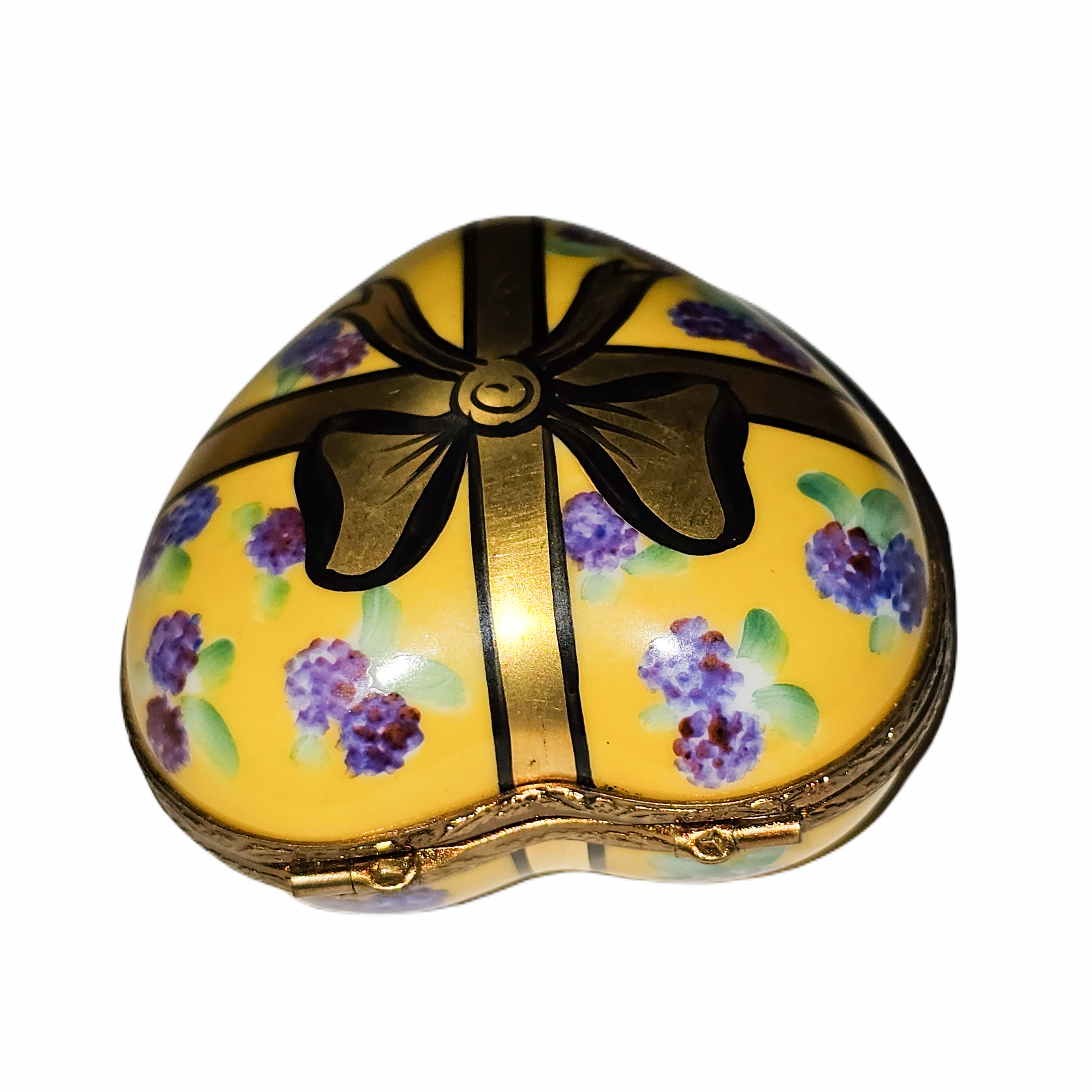 Yellow Heart With Purple Flowers Porcelain Limoges heart French Trinket Box