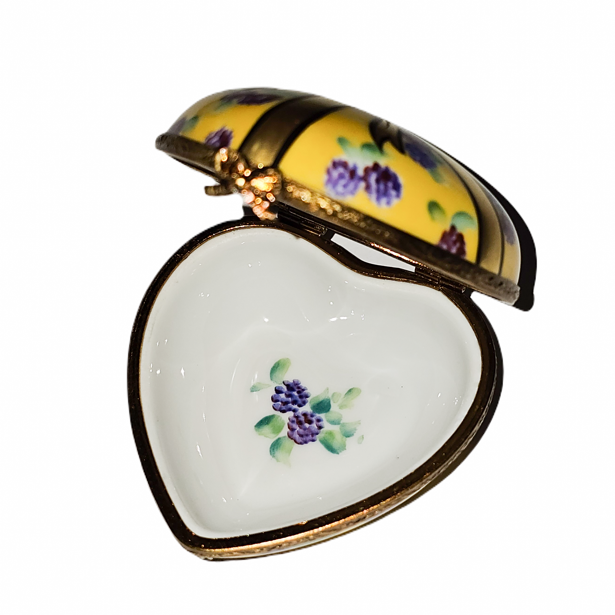 Yellow Heart With Purple Flowers Porcelain Limoges heart French Trinket Box