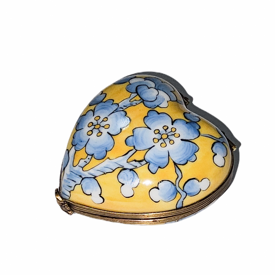 Yellow Heart Box with Blue Flowers Porcelain Limoges heart French Trinket Box