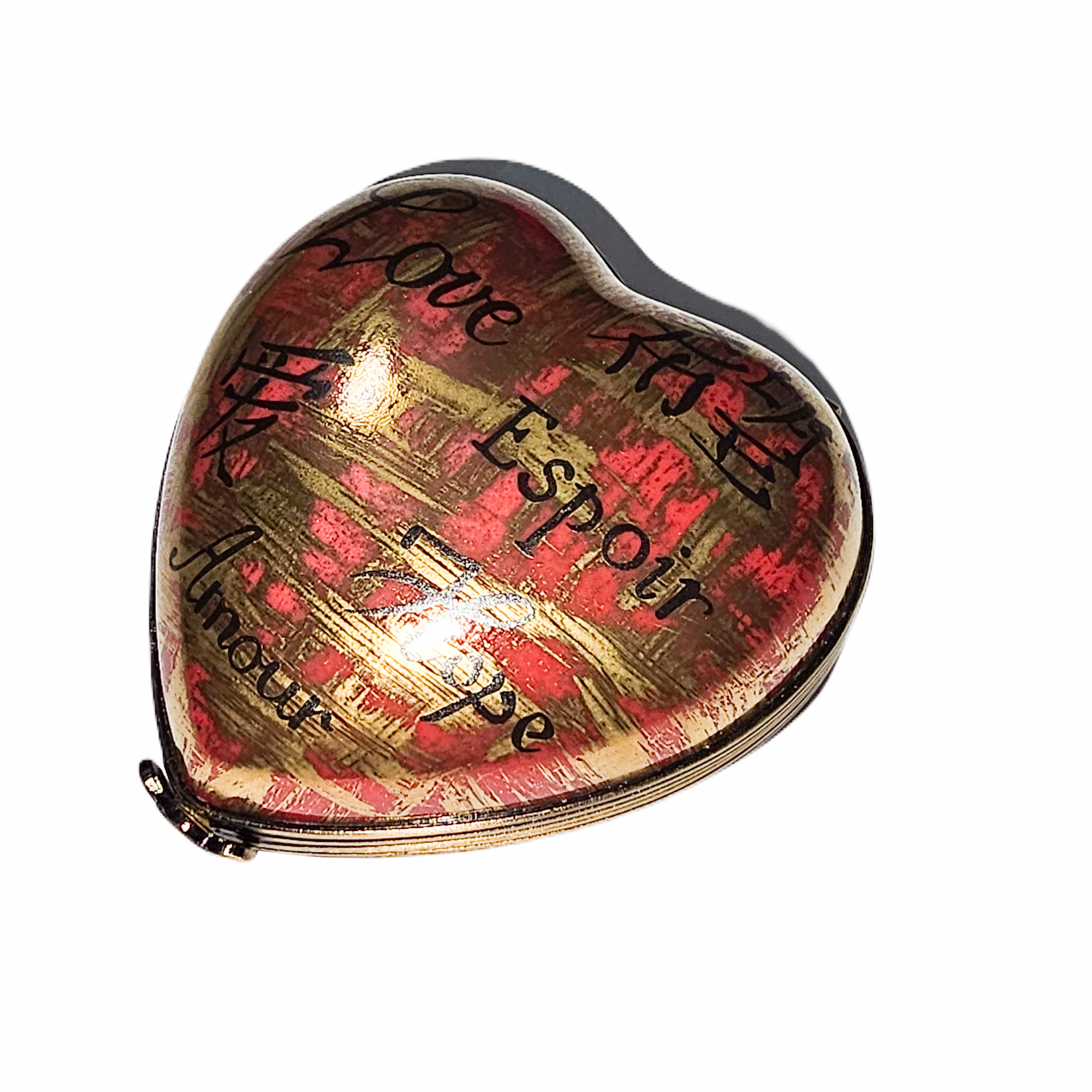 Red Gold Love Heart Box Porcelain Limoges heart French Trinket Box