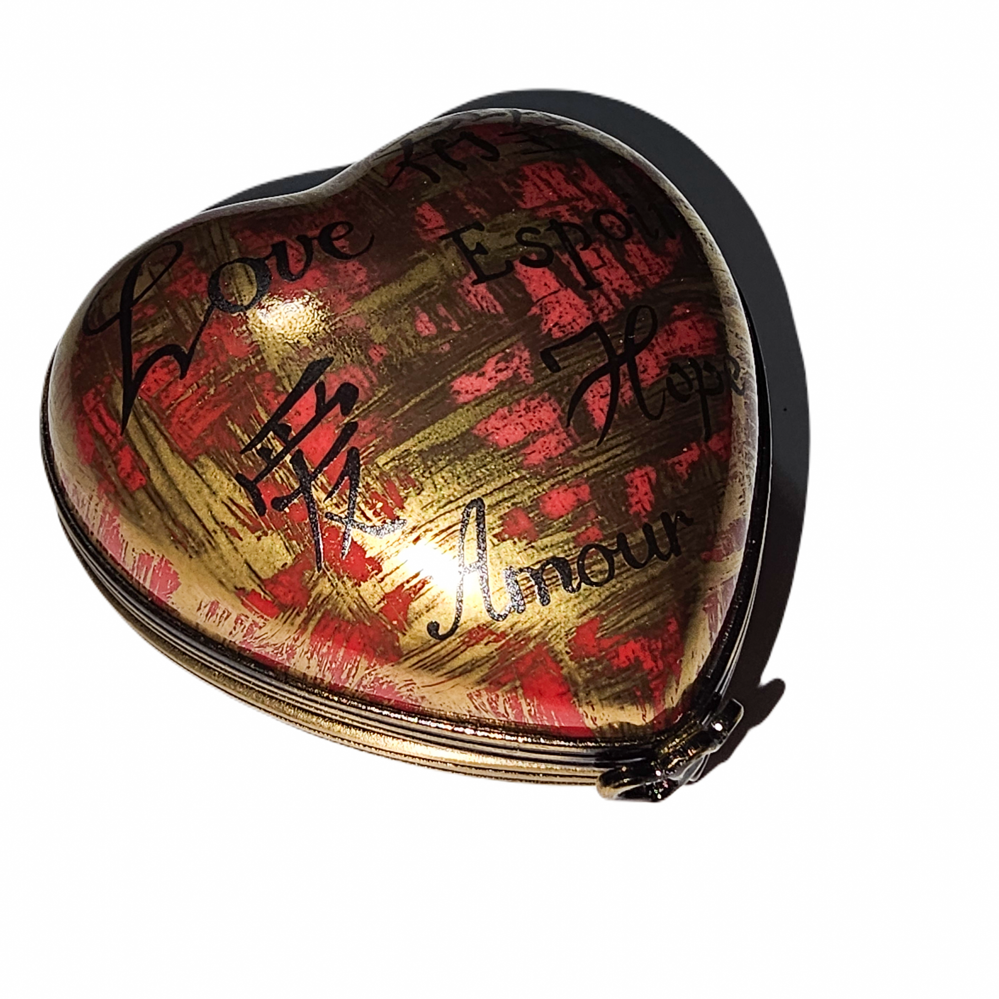 Red Gold Love Heart Box Porcelain Limoges heart French Trinket Box