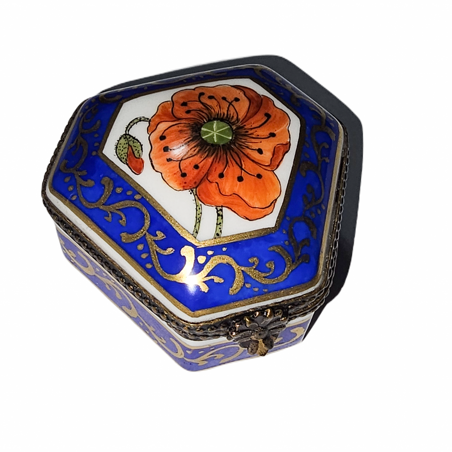 Hexa Blue Orange Flower Box Porcelain Limoges traditional French Trinket Box