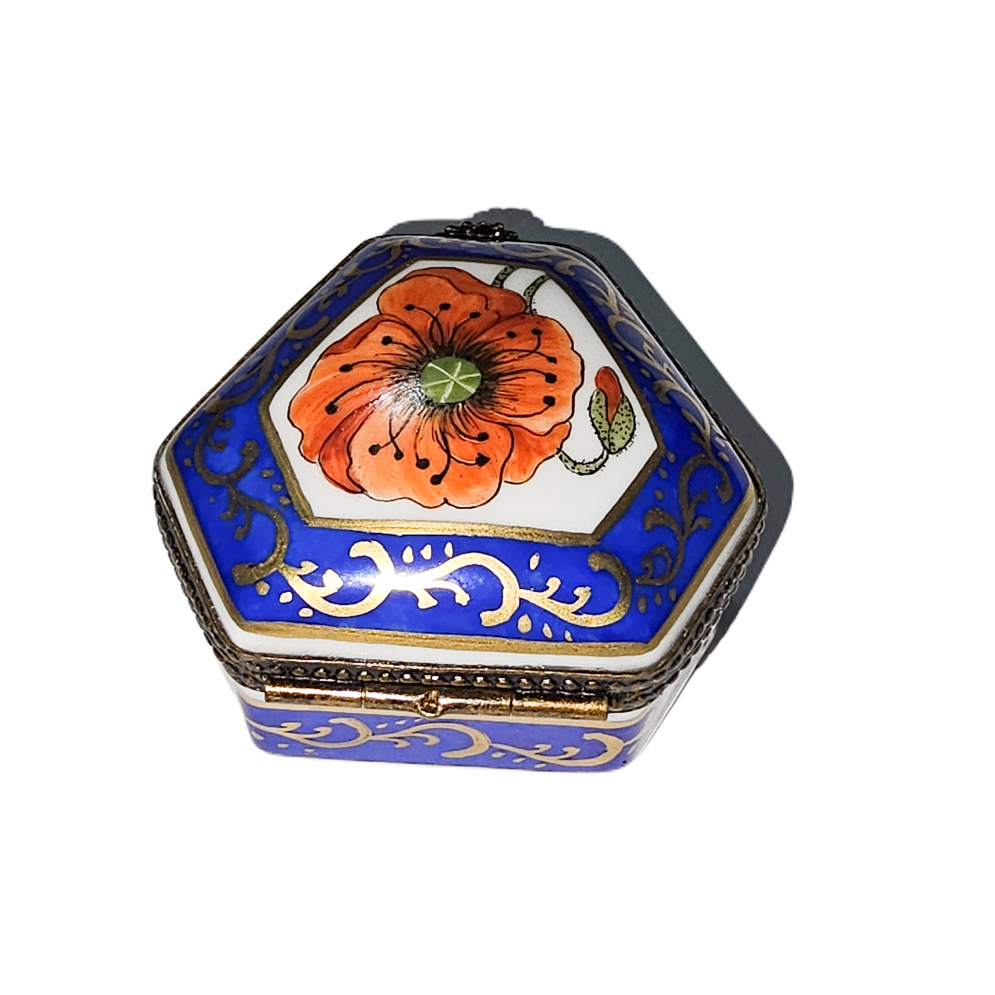 Hexa Blue Orange Flower Box Porcelain Limoges traditional French Trinket Box